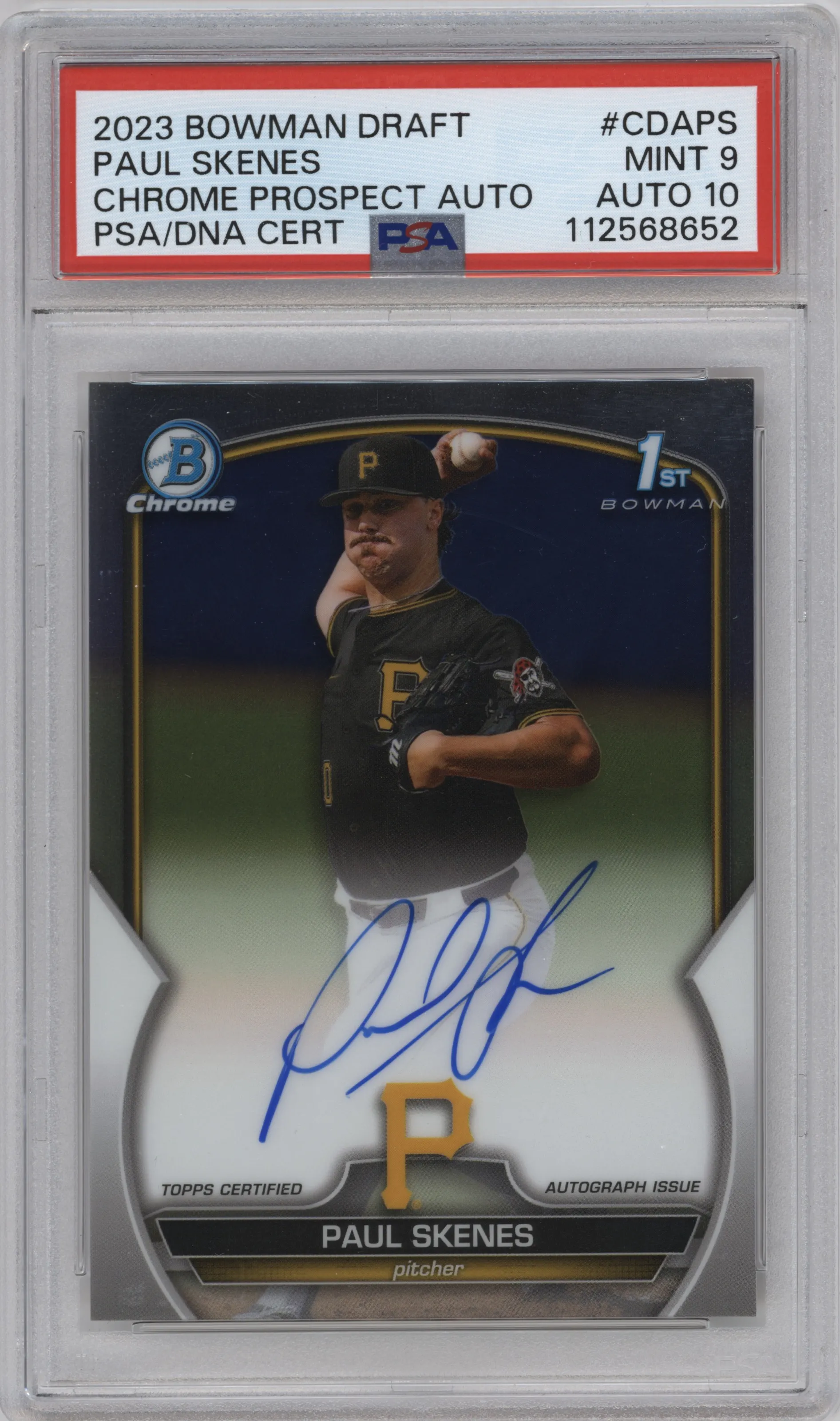 Paul Skenes from the 2023 Bowman Draft set graded by PSA and given an overall grade of 9.