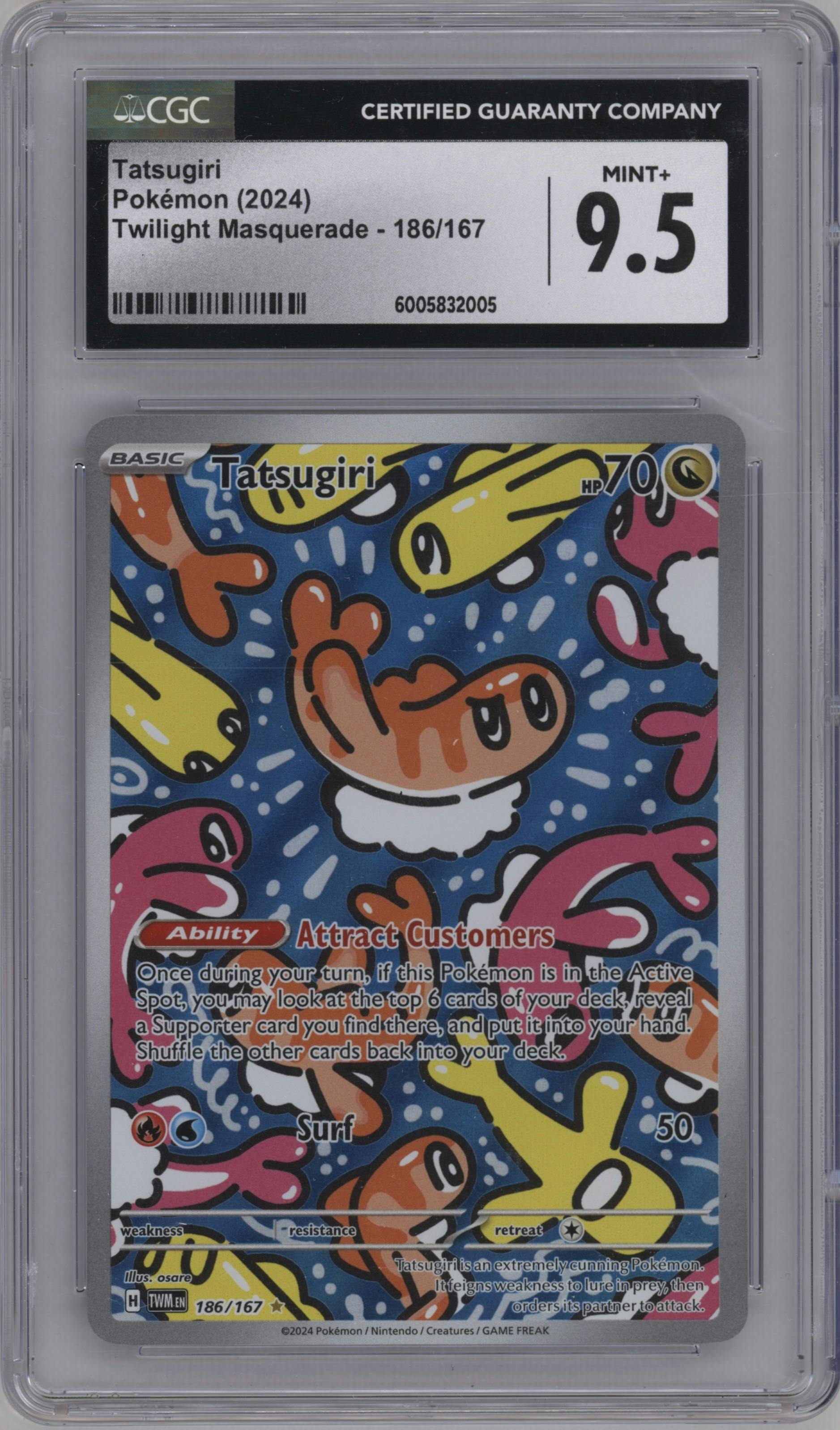 Tatsugiri from the 2024 Pokemon SV set graded by CSG and given an overall grade of 9.5.