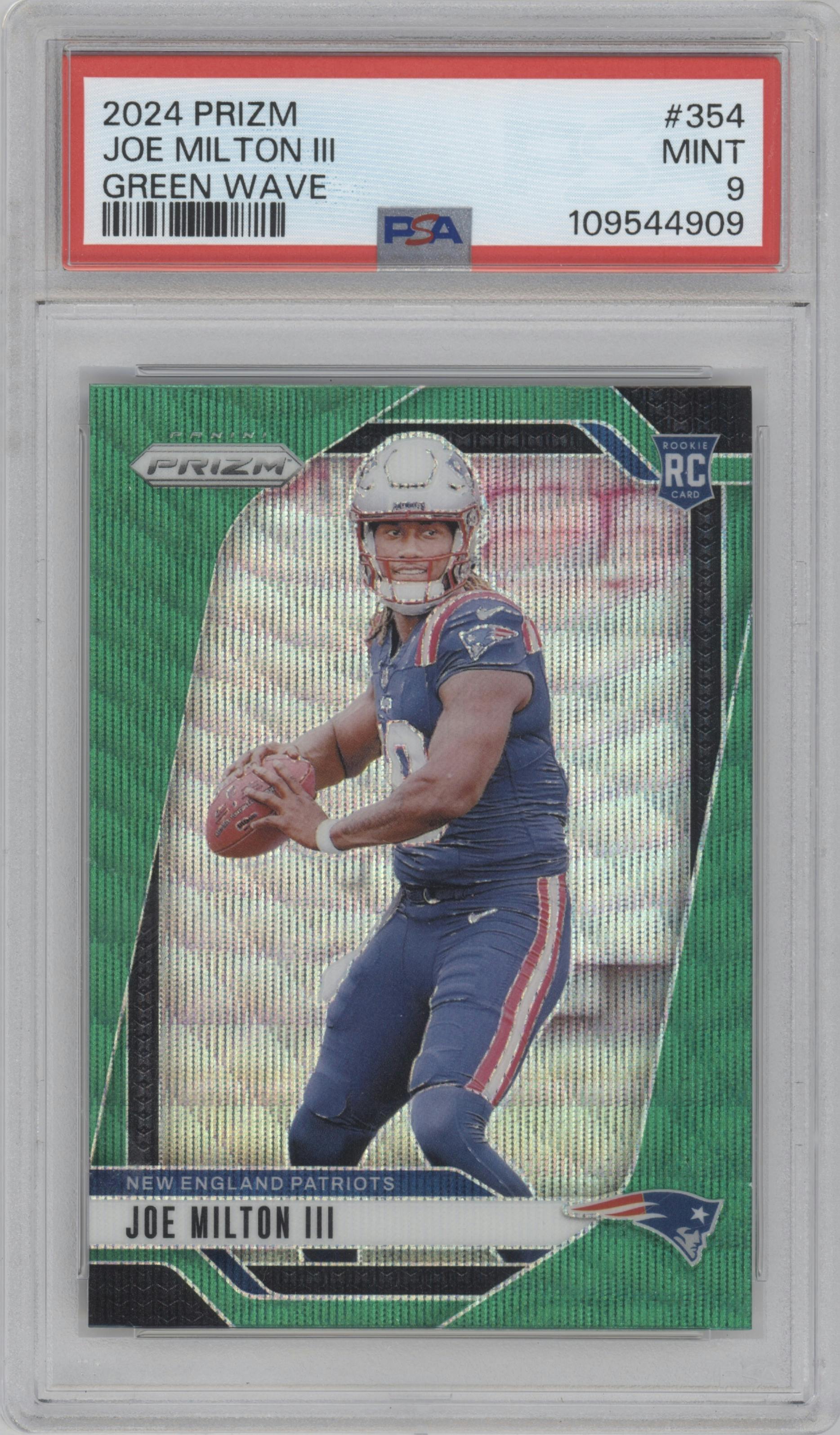 Joe Milton III from the 2024 Panini Prizm set featuring a Green Wave parallel graded by PSA and given an overall grade of 9.