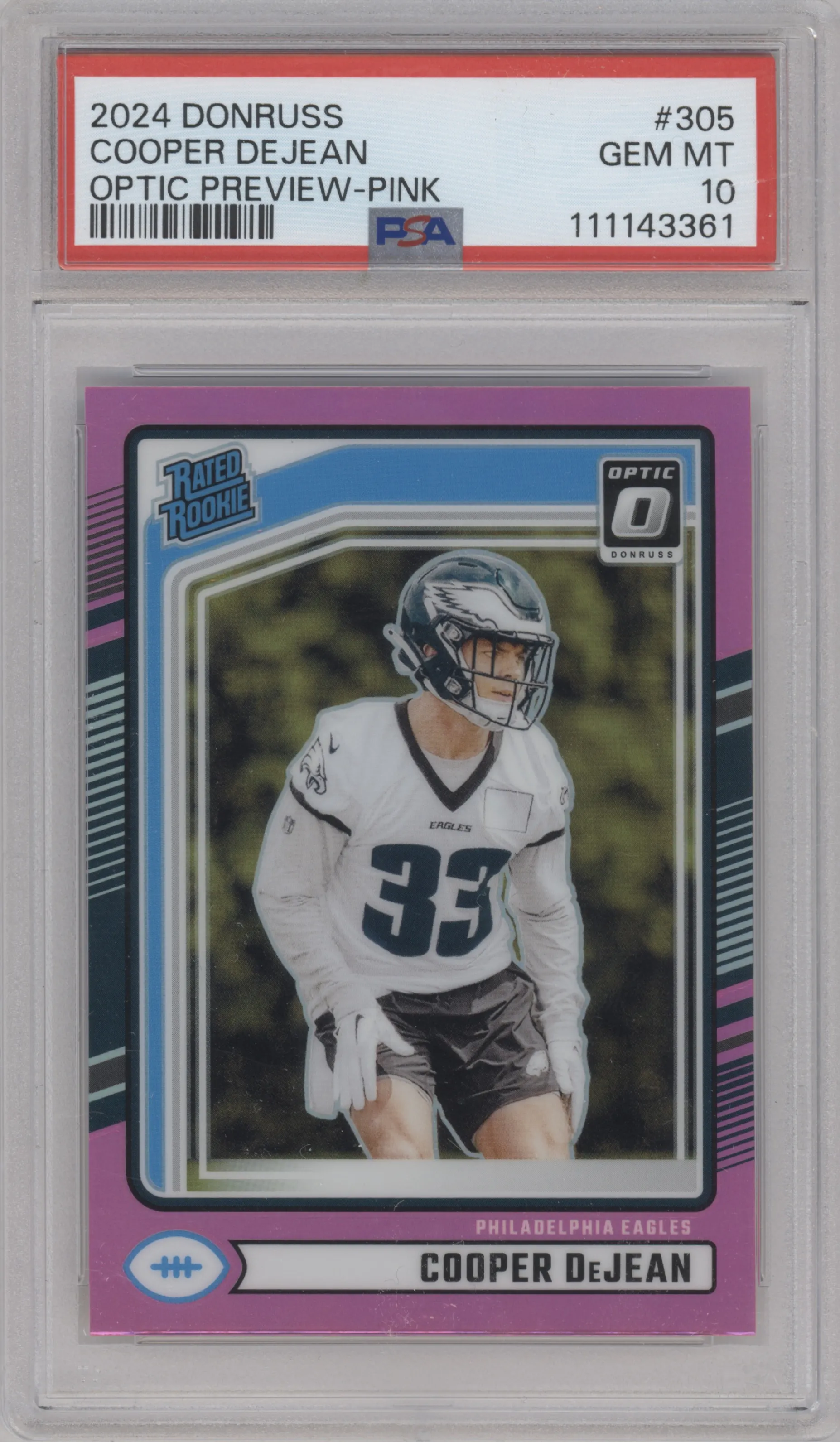 Cooper DeJean from the 2024 Donruss set featuring a Pink parallel graded by PSA and given an overall grade of 10.