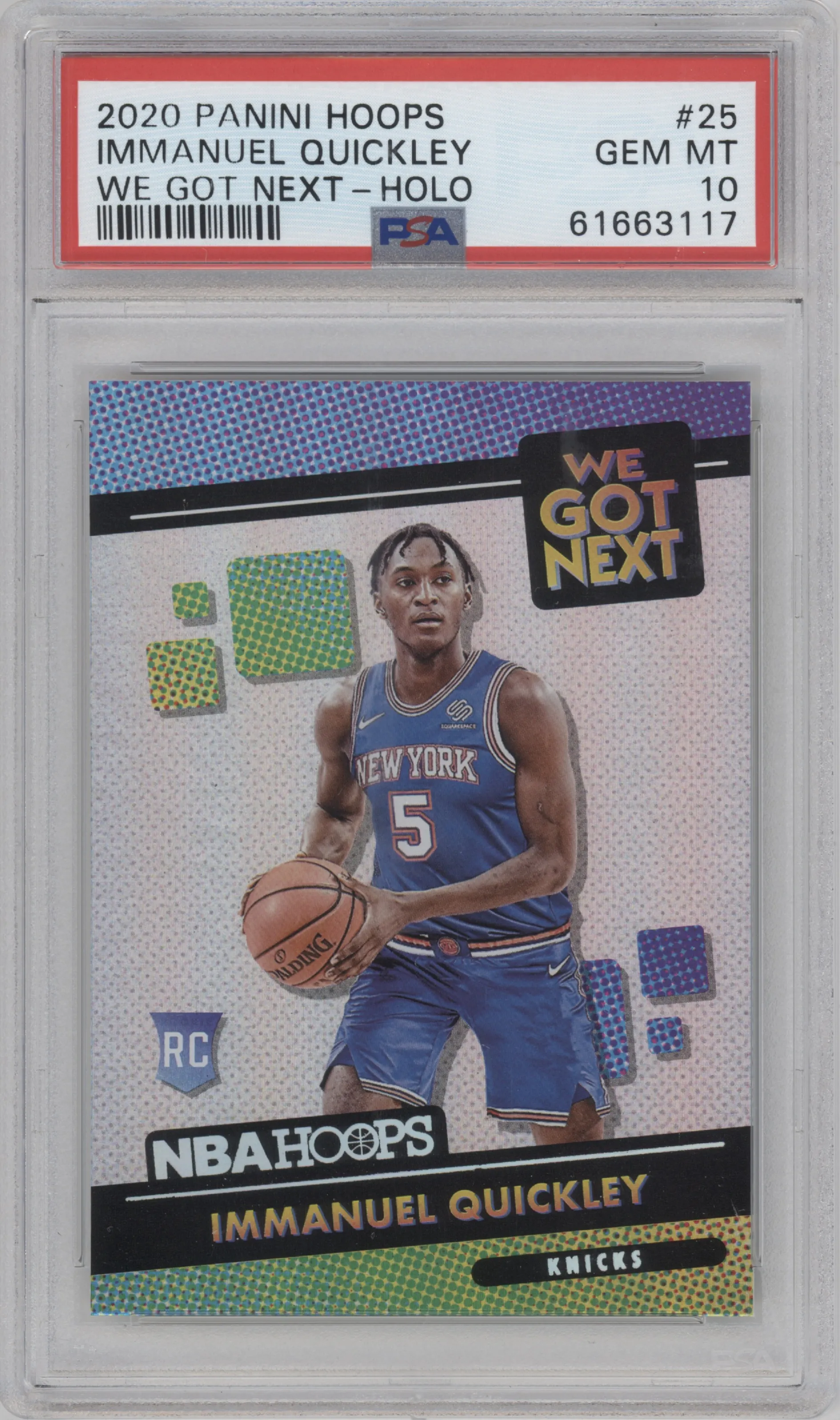 Immanuel Quickley from the 2020-21 Panini NBA Hoops set featuring a Holo parallel graded by PSA and given an overall grade of 10.