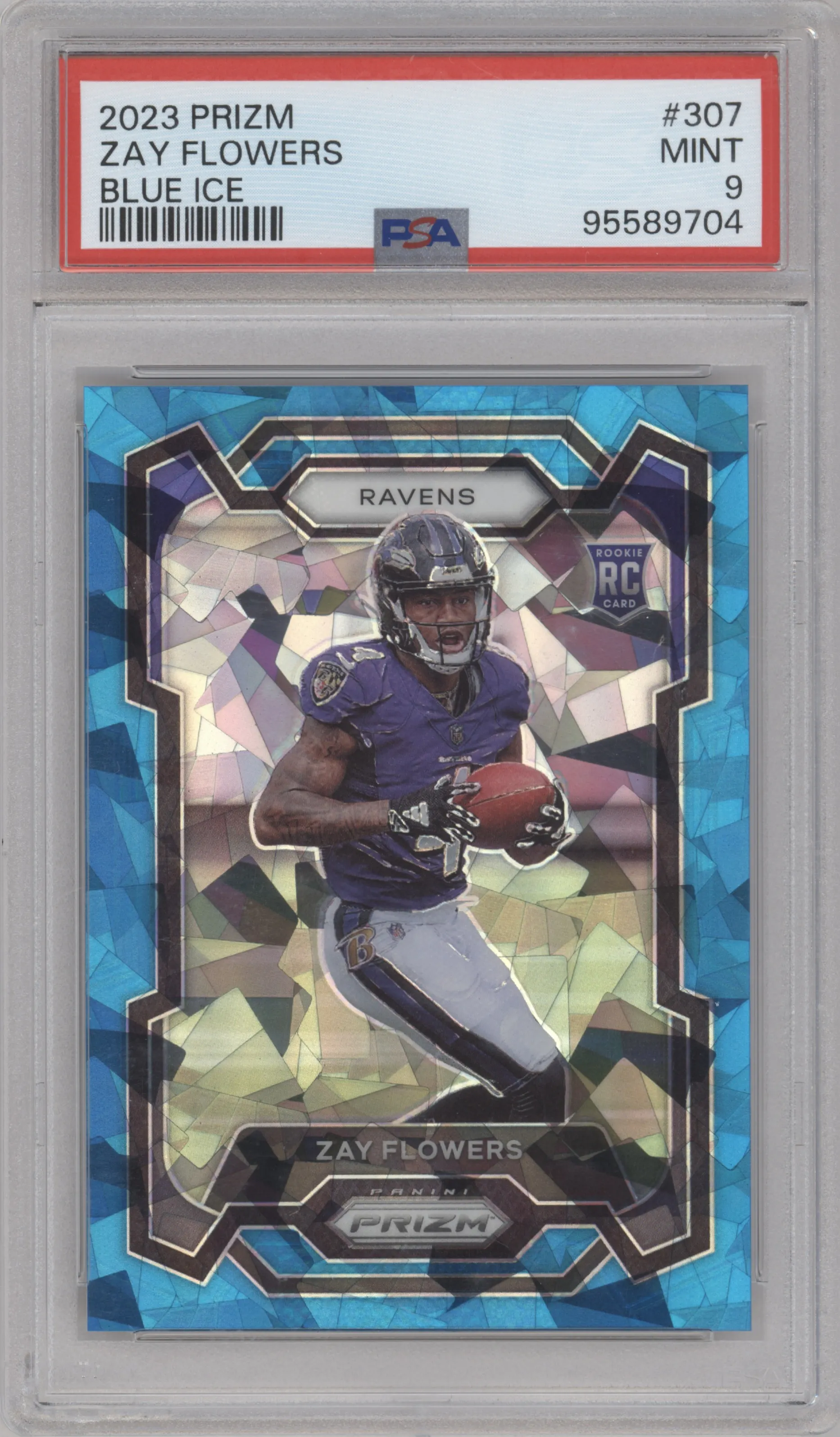 Zay Flowers  from the 2023 Panini Prizm set featuring a Blue Ice parallel graded by PSA and given an overall grade of 9.