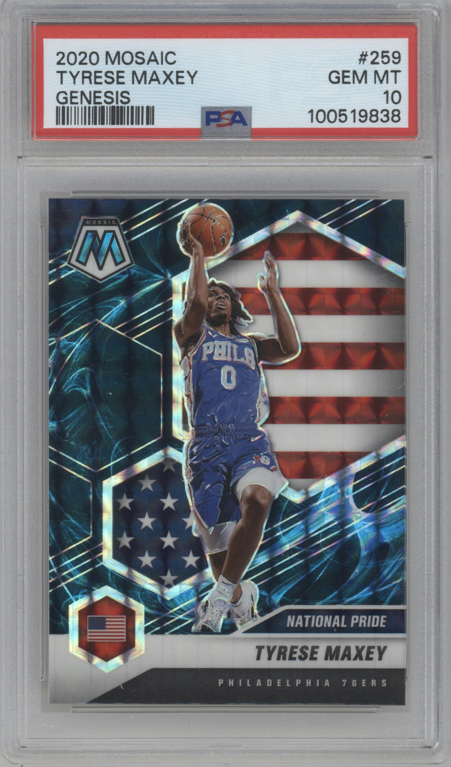 Tyrese Maxey from the 2020-21 Panini Mosaic set featuring a Genesis  parallel graded by PSA and given an overall grade of 10.