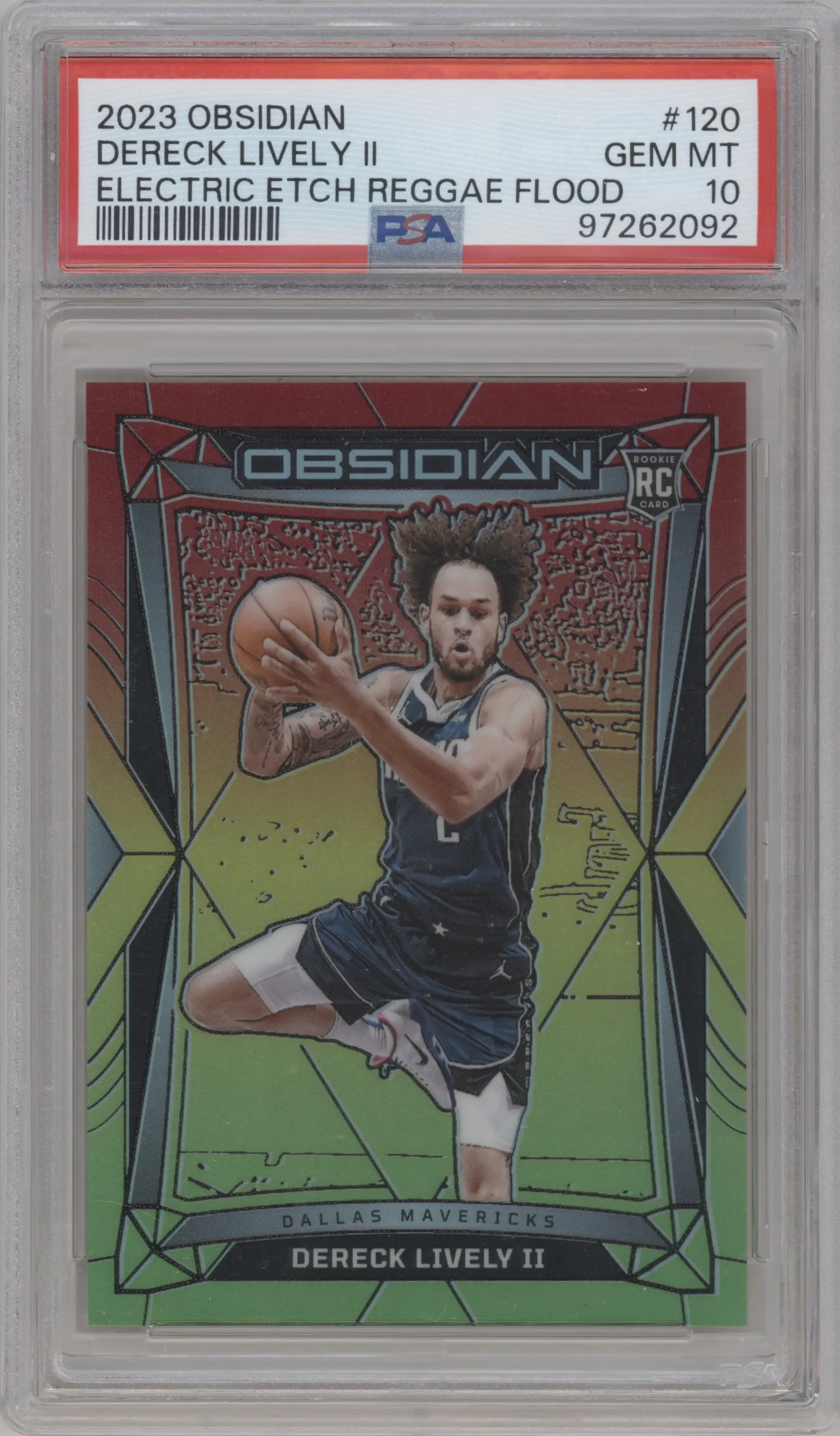 Dereck Lively II from the 2023-24 Panini Obsidian set featuring a Electric Etch Reggae Flood parallel graded by PSA and given an overall grade of 10.