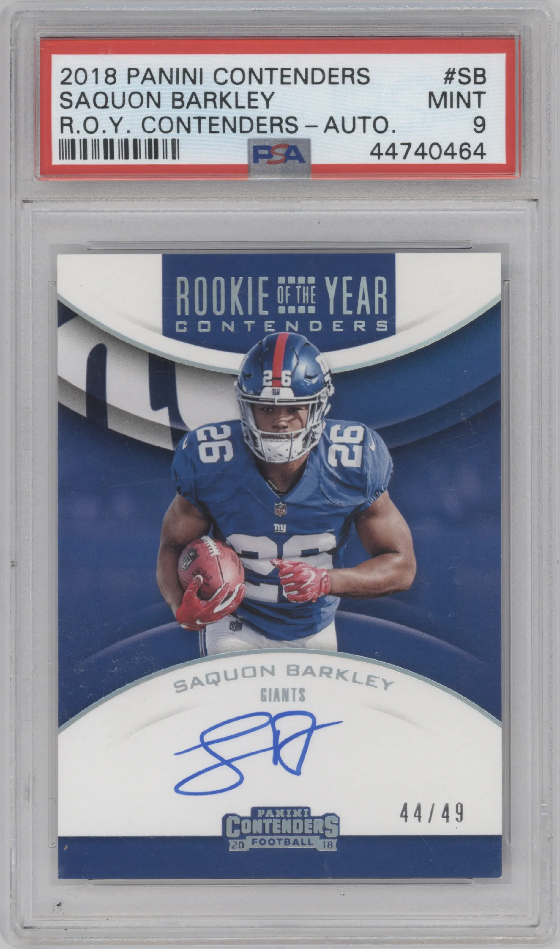 Saquon Barkley from the 2018 Panini Contenders set graded by PSA and given an overall grade of 9.