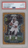 Jalen Hurts from the 2020 Panini Prizm set featuring a Disco parallel graded by PSA and given an overall grade of 10.