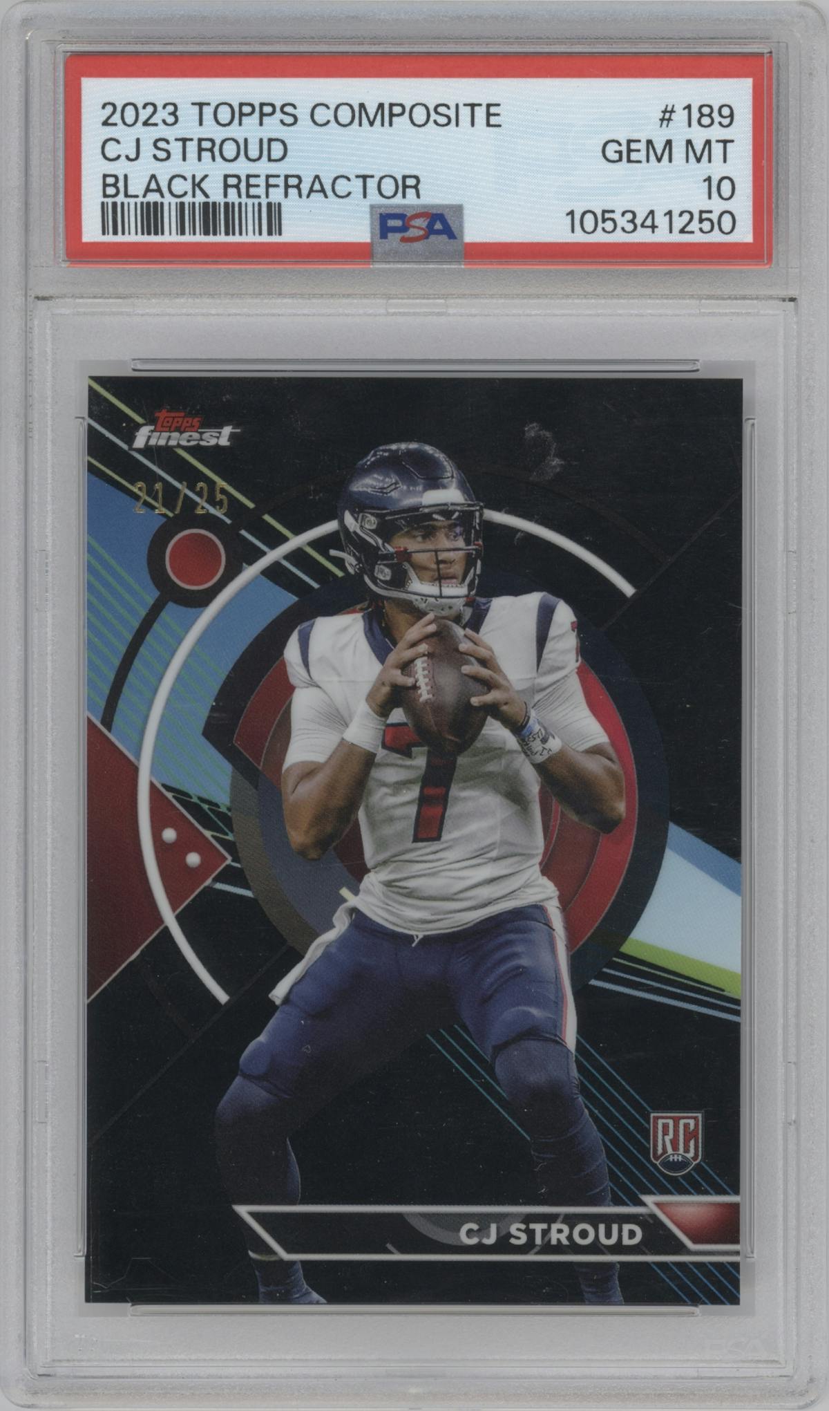CJ Stroud from the 2023 Topps Composite set featuring a Black Refractor parallel graded by PSA and given an overall grade of 10.
