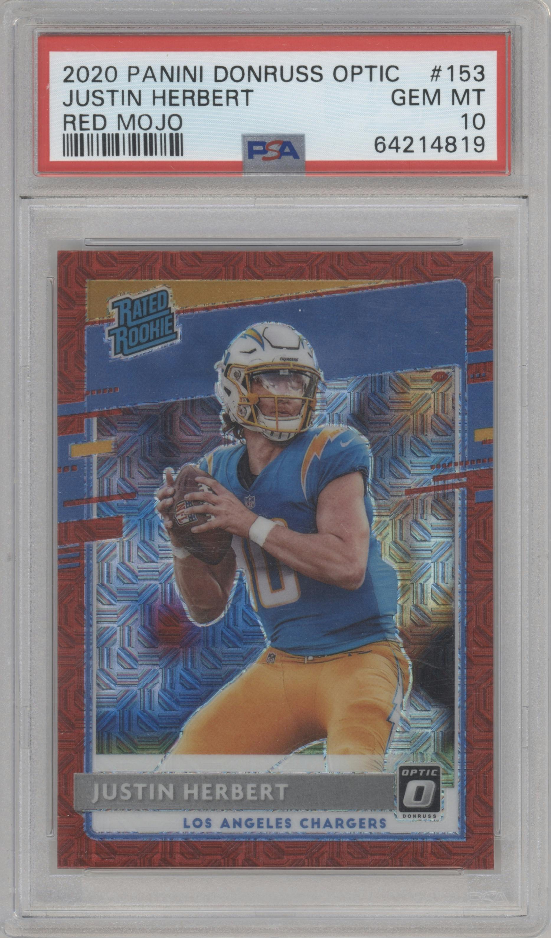Justin Herbert from the 2020 Panini Donruss Optic set featuring a Red Mojo parallel graded by PSA and given an overall grade of 10.