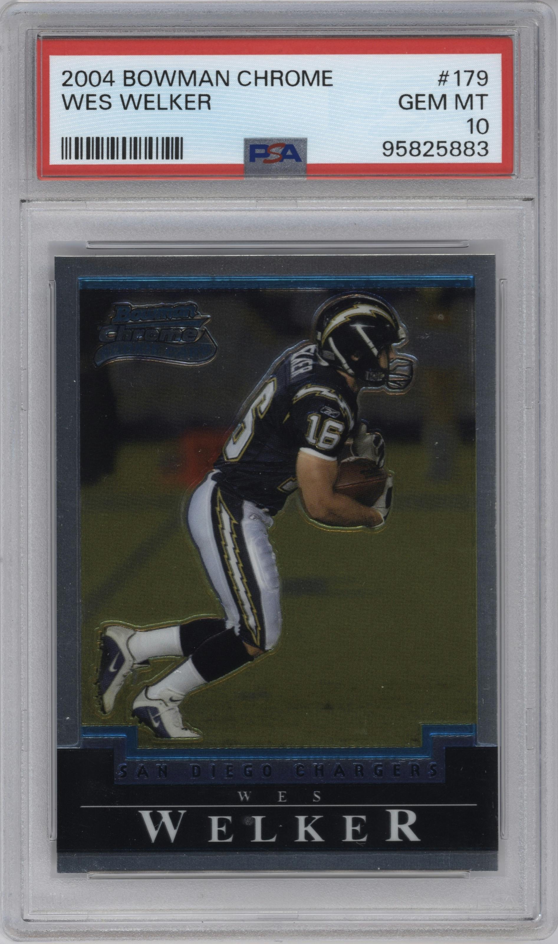 Wes Welker from the 2004 Bowman Chrome set graded by PSA and given an overall grade of 10.