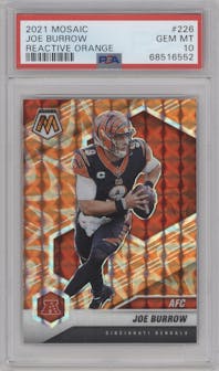 Joe Burrow from the 2021 Panini Mosaic set featuring a Reactive Orange parallel graded by PSA and given an overall grade of 10.