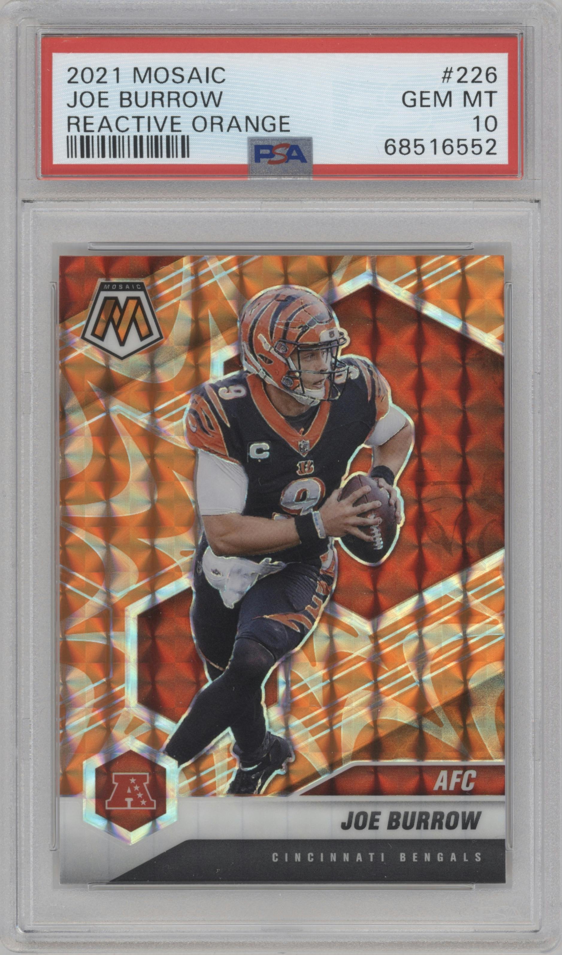 Joe Burrow from the 2021 Panini Mosaic set featuring a Reactive Orange parallel graded by PSA and given an overall grade of 10.