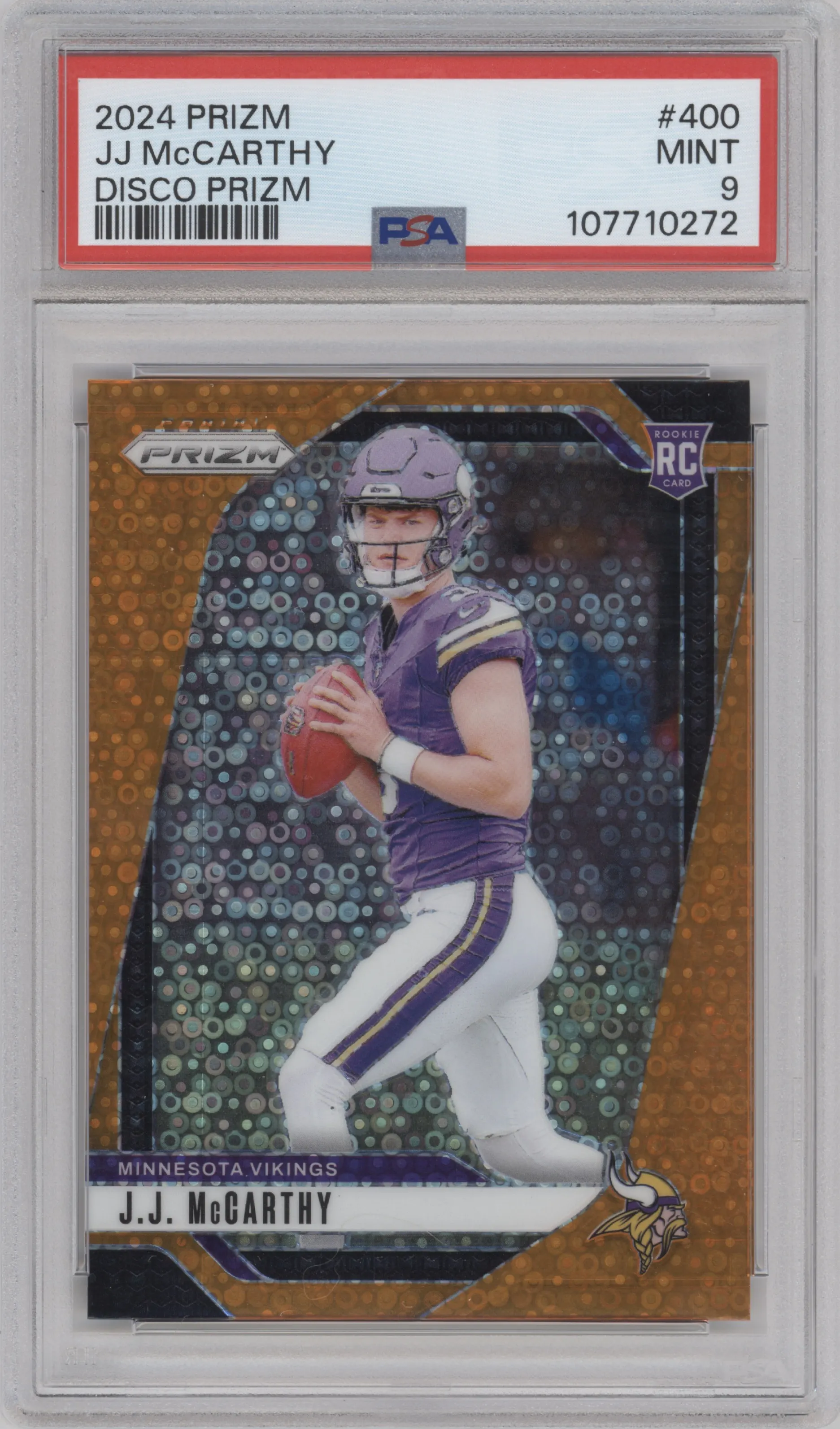 J.J. McCarthy from the 2024 Panini Prizm set featuring a Disco parallel graded by PSA and given an overall grade of 9.
