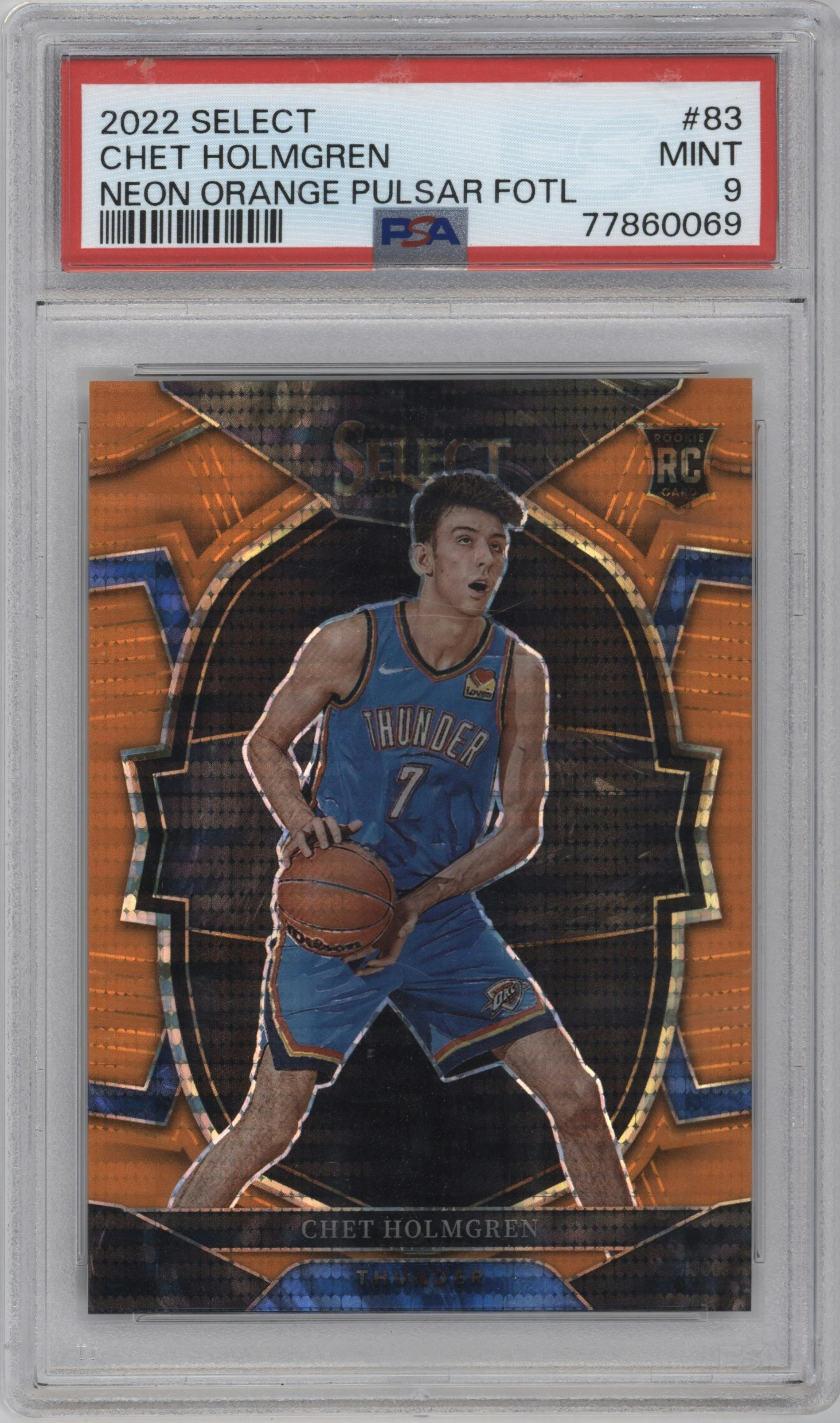 Chet Holmgren from the 2022-23 Panini Select set featuring a Neon Orange Pulsar parallel graded by PSA and given an overall grade of 9.