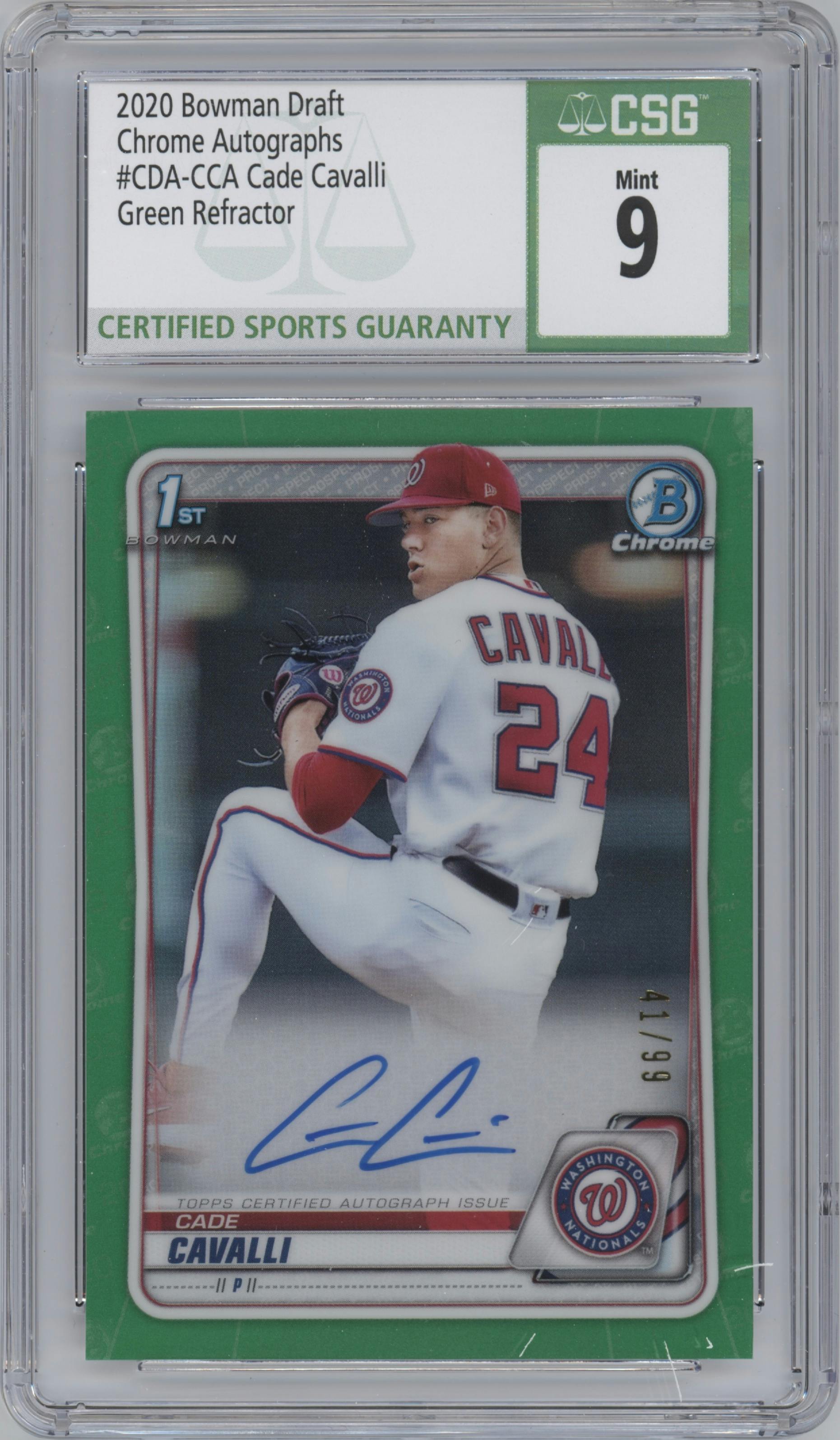 Cade Cavalli from the 2020 Bowman Draft set featuring a Green Refractor parallel graded by CSG and given an overall grade of 9.