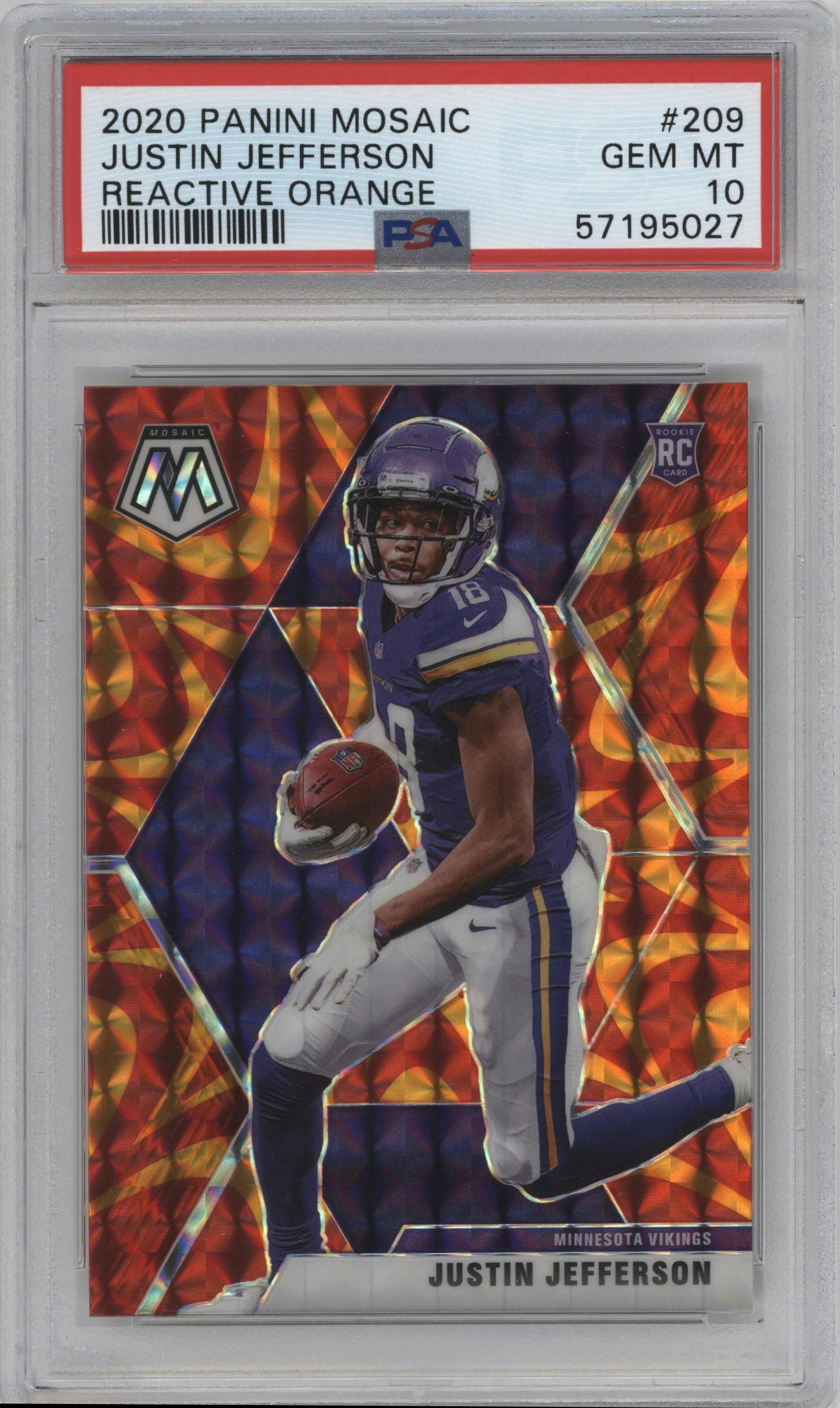 Justin Jefferson from the 2020 Panini Mosaic set featuring a Reactive Orange parallel graded by PSA and given an overall grade of 10.