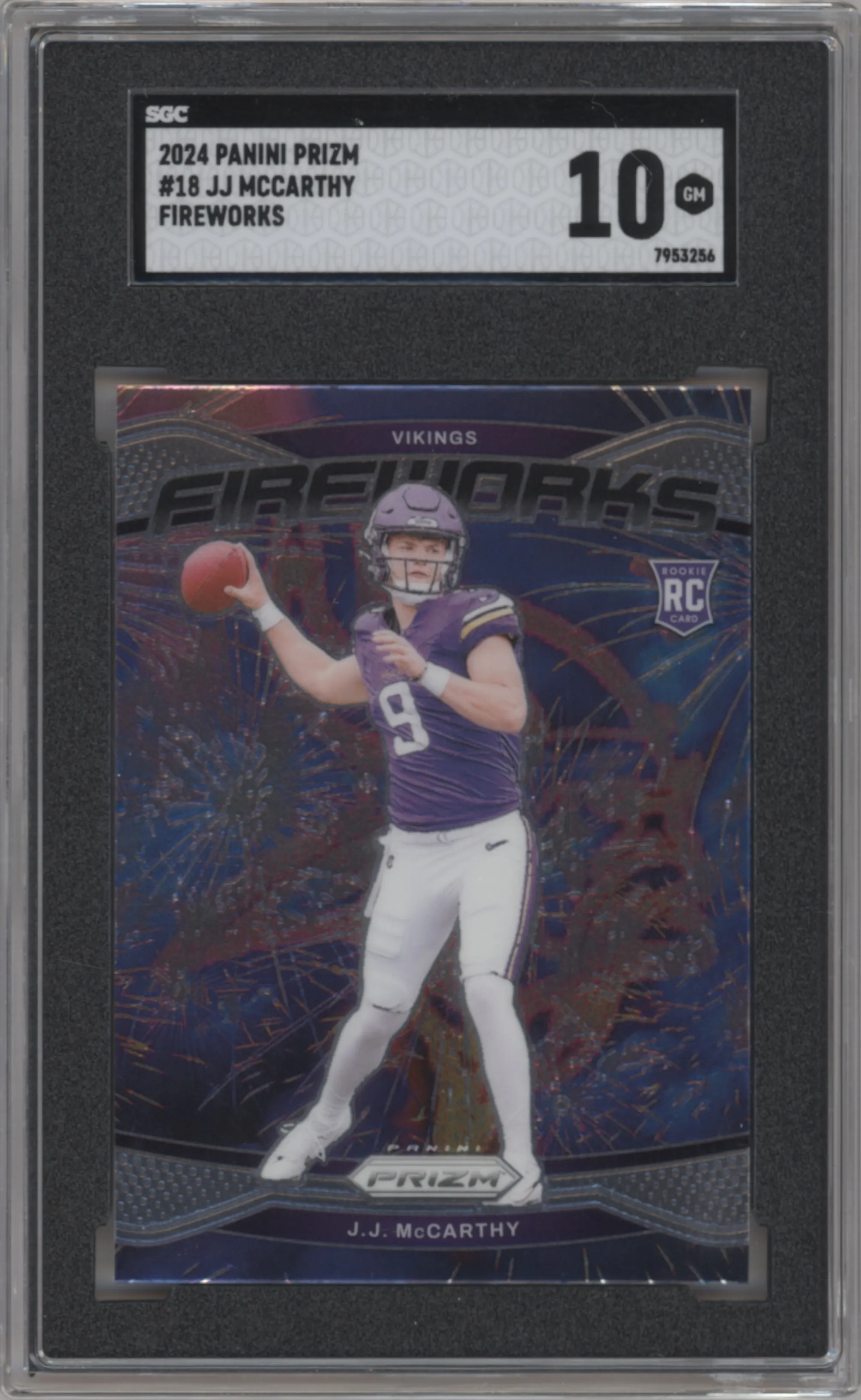 J.J. McCarthy from the 2024 Panini Prizm set graded by SGC and given an overall grade of 10.