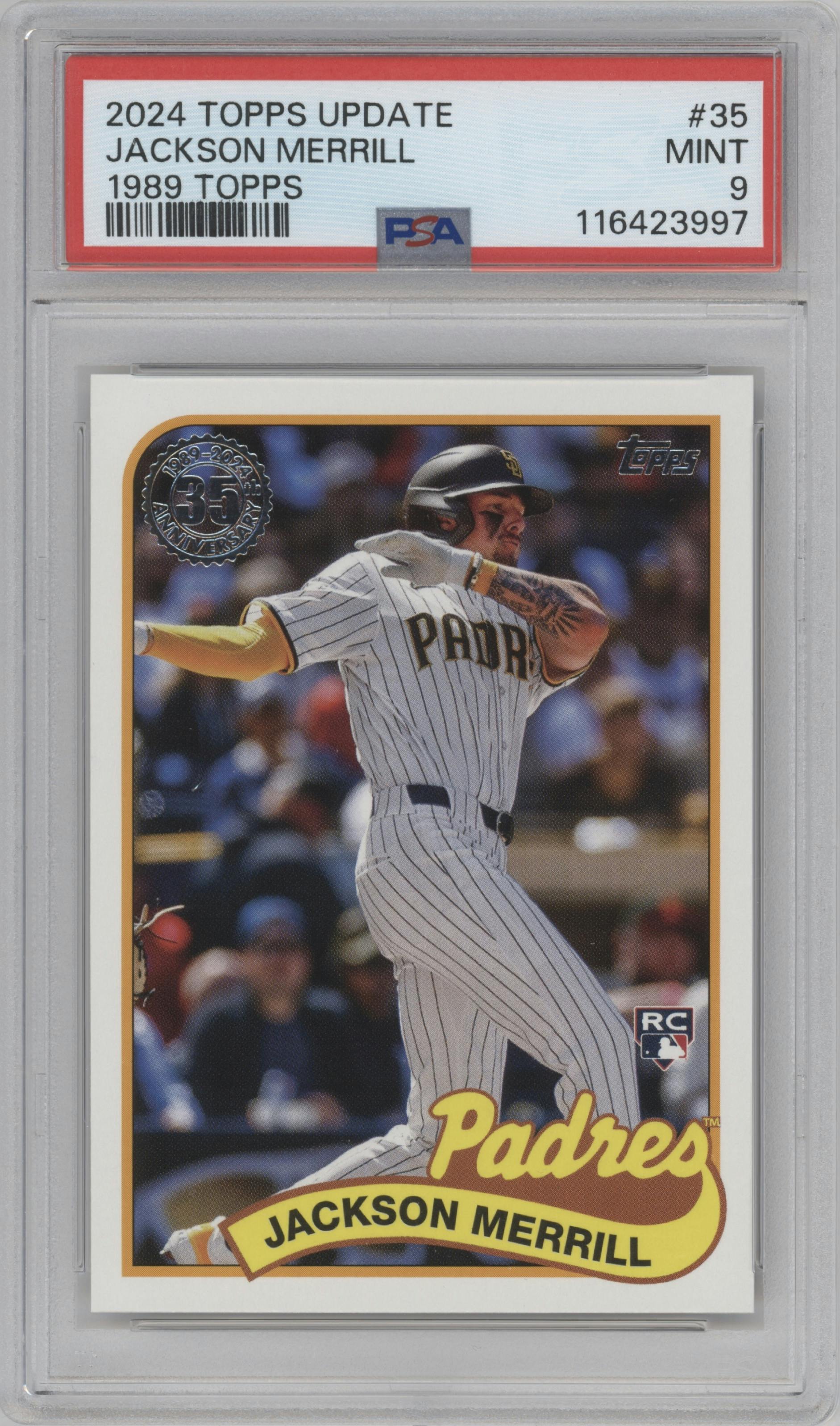Jackson Merrill from the 2024 Topps Update set graded by PSA and given an overall grade of 9.