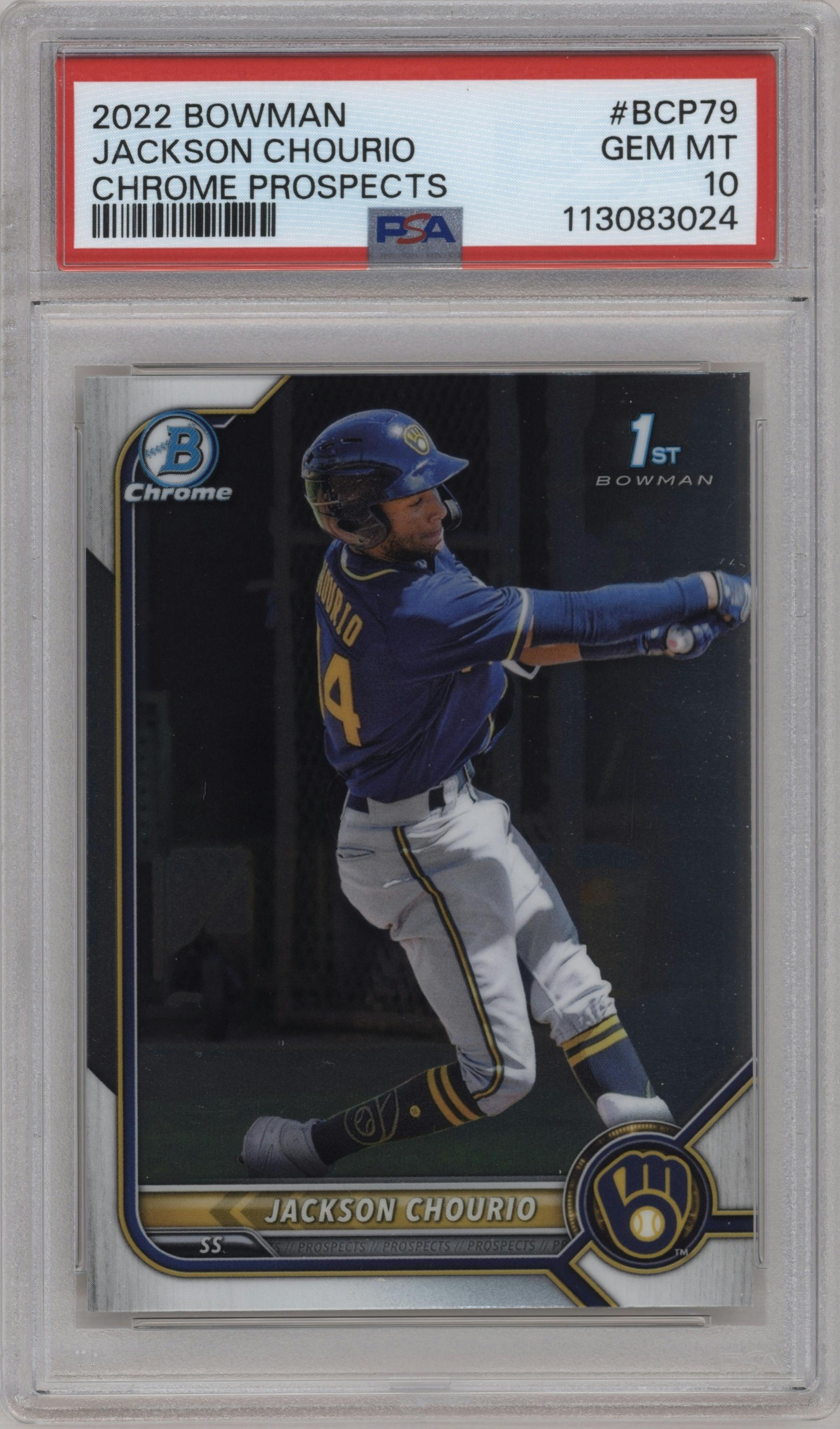 Jackson Chourio from the 2022 Bowman set graded by PSA and given an overall grade of 10.