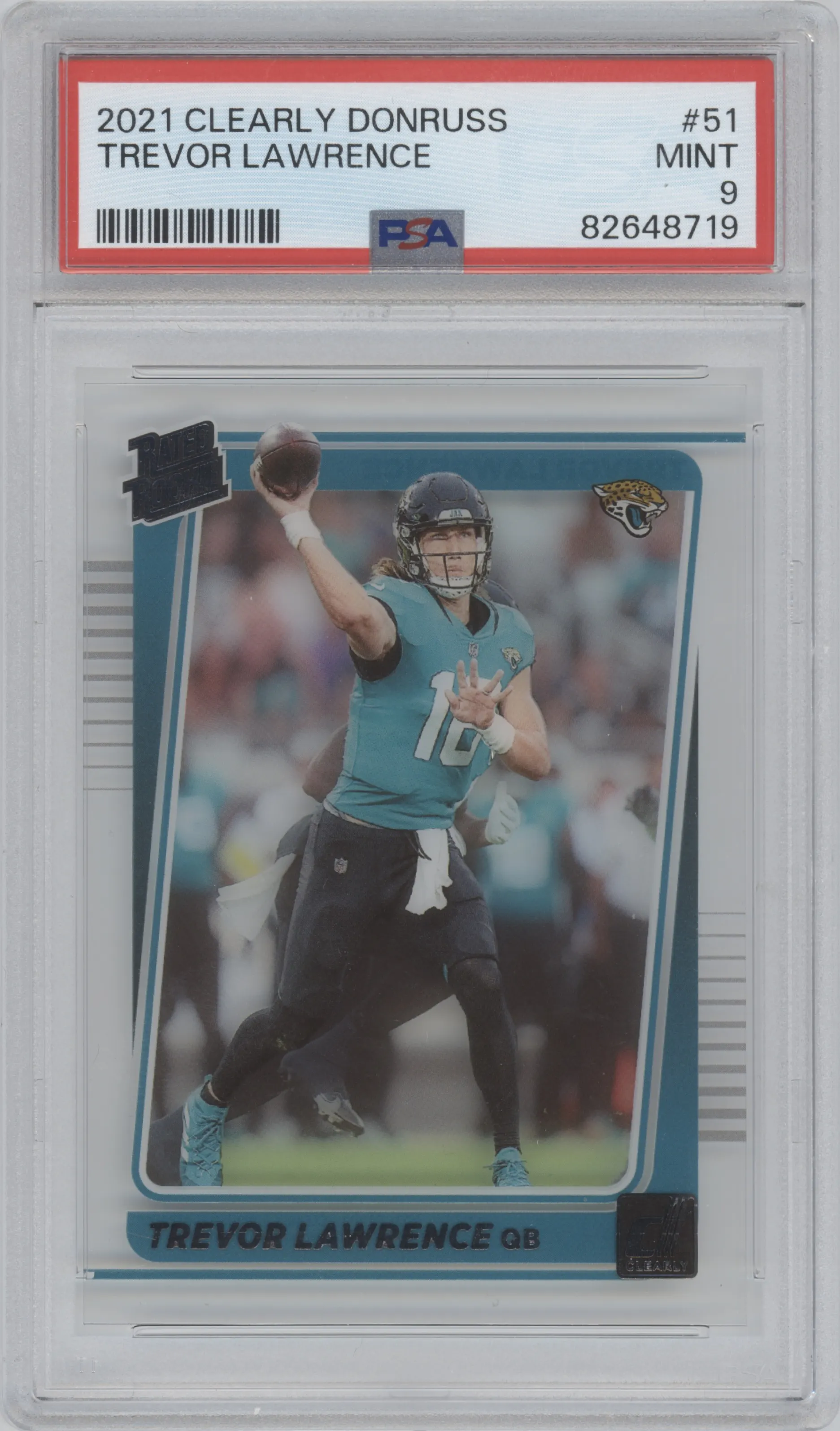 Trevor Lawrence from the 2021 Panini Clearly Donruss set graded by PSA and given an overall grade of 9.