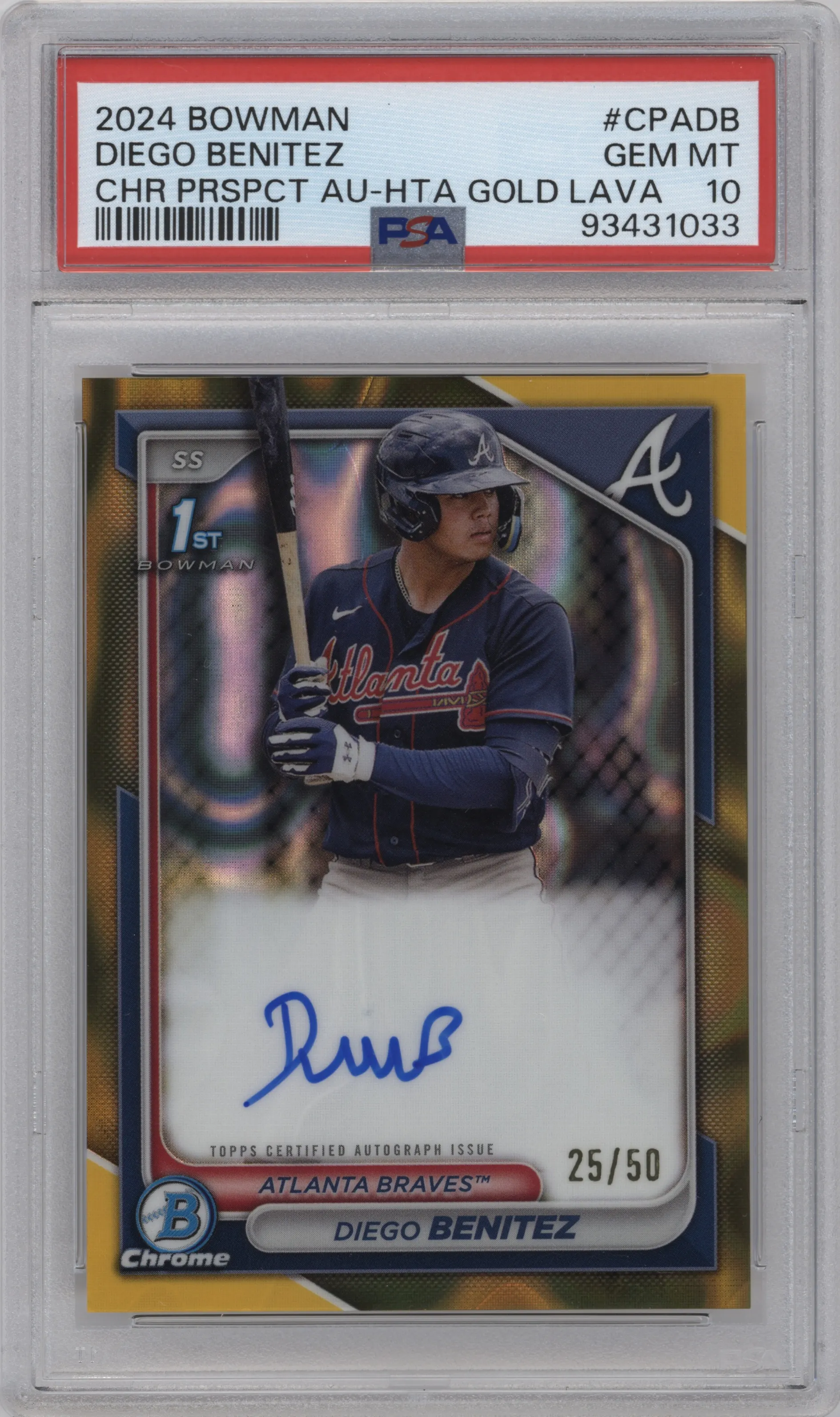 2024 Bowman Chr.Pros.Auto Diego Benitez HTA Gold Lava Refractor PSA 10