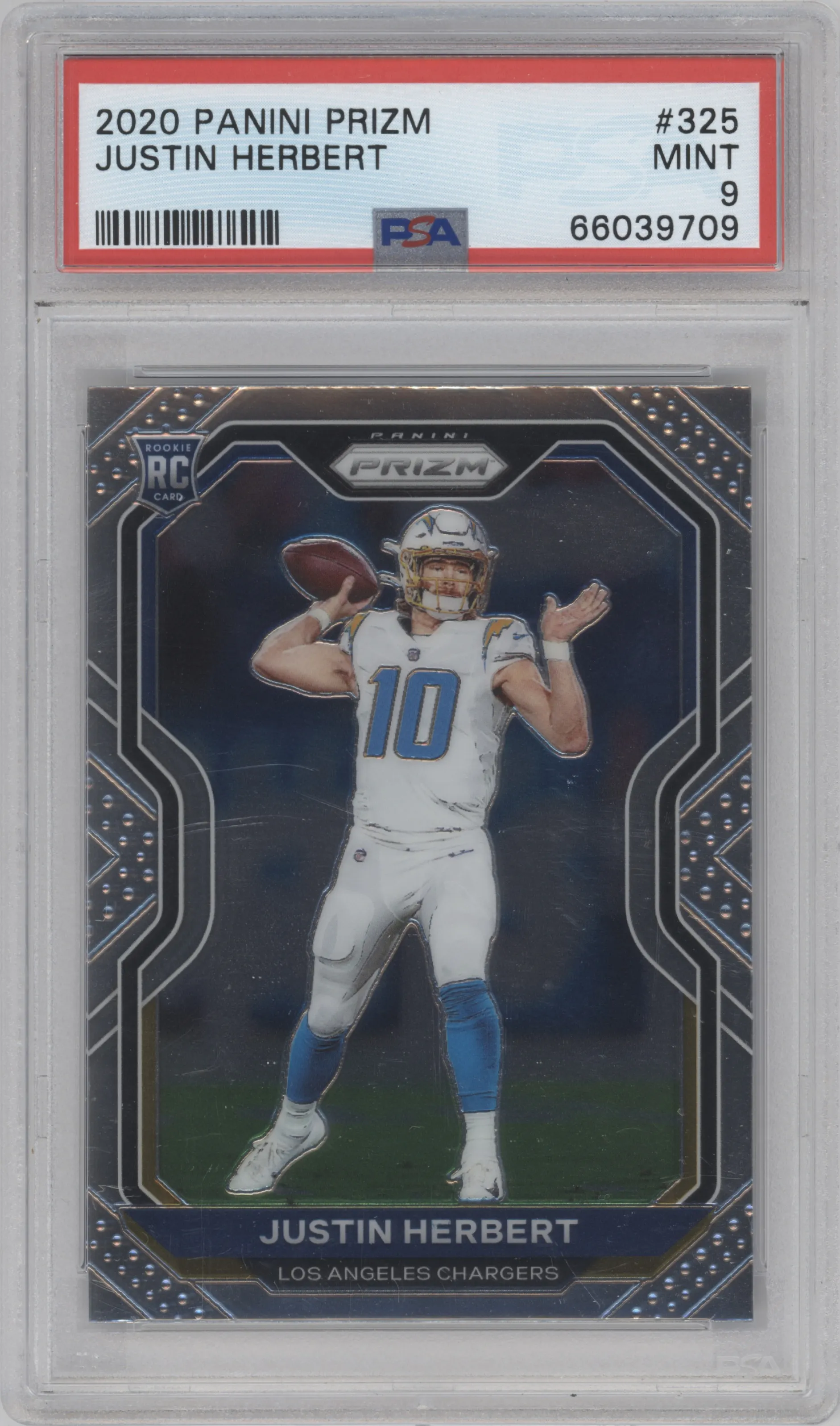 Justin Herbert from the 2020 Panini Prizm set graded by PSA and given an overall grade of 9.