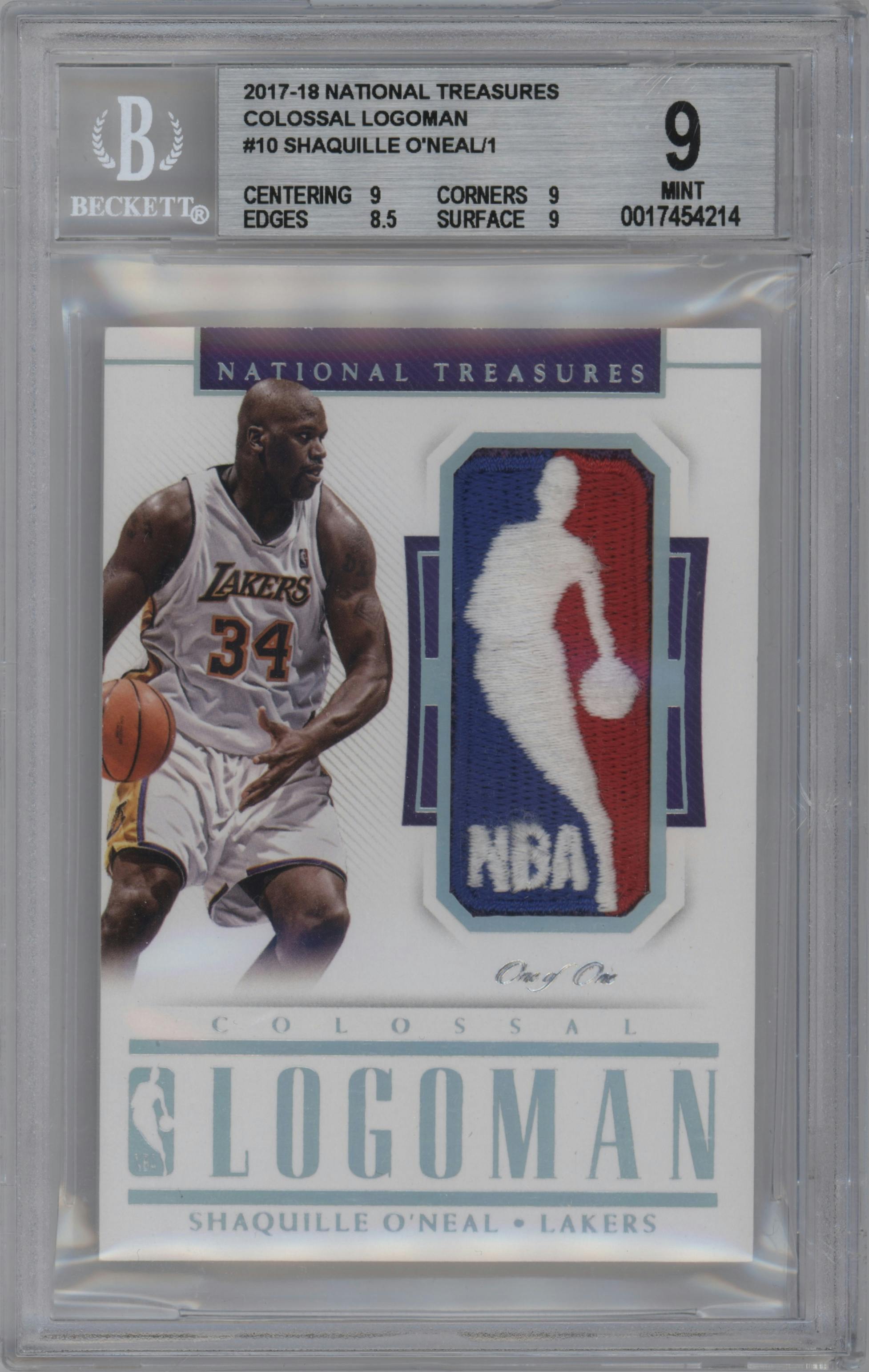 Shaquille O'Neal from the 2017-18 Panini National Treasures set graded by Beckett and given an overall grade of 9.