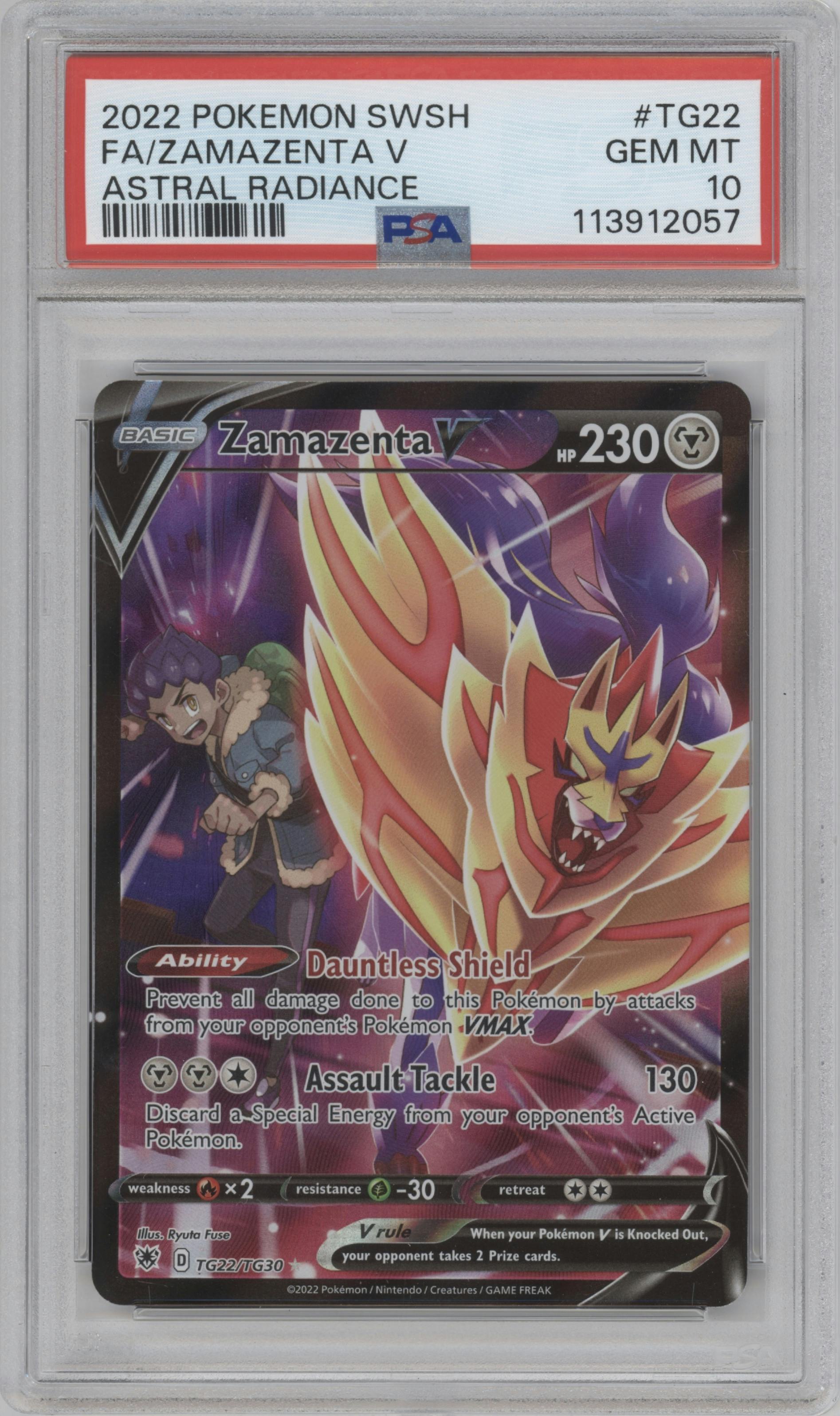 Zamazenta V from the 2022 Pokemon SWSH set graded by PSA and given an overall grade of 10.