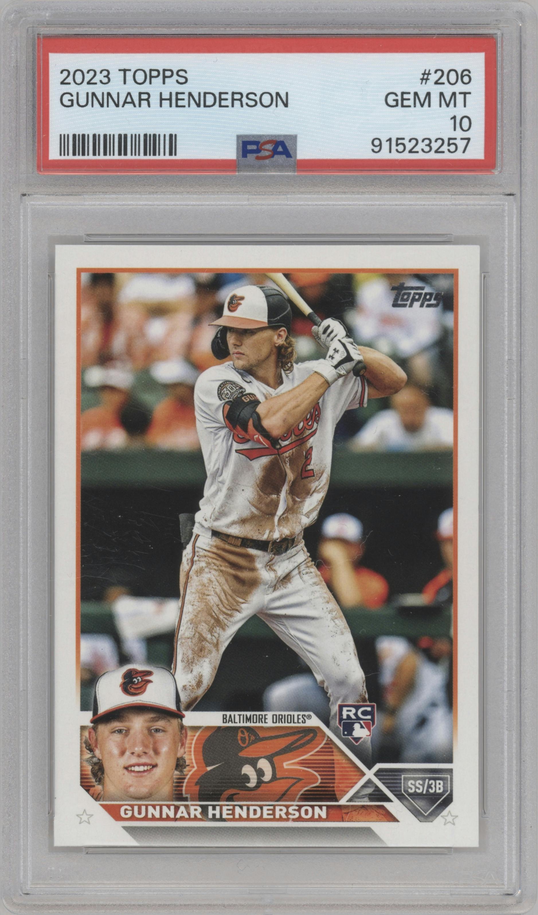 Gunnar Henderson from the 2023 Topps set graded by PSA and given an overall grade of 10.