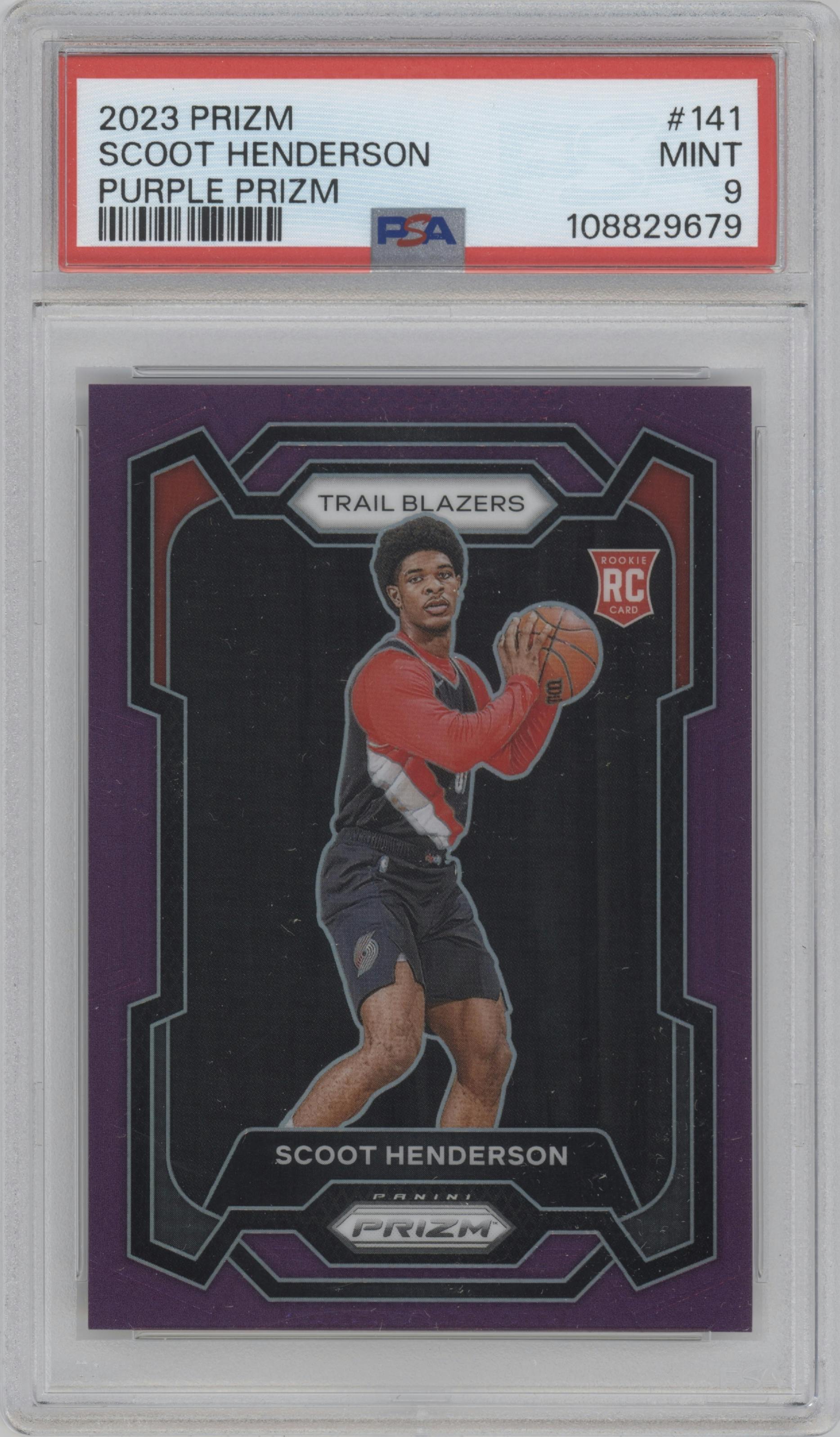 Scoot Henderson from the 2023-24 Panini Prizm set featuring a Purple Prizm parallel graded by PSA and given an overall grade of 9.