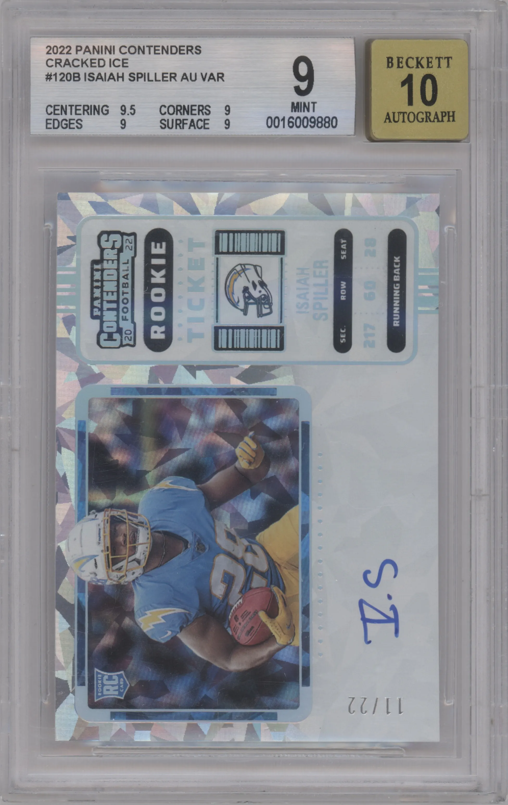 Isaiah Spiller  from the 2022 Panini Contenders set featuring a Cracked Ice Ticket parallel graded by Beckett and given an overall grade of 9.
