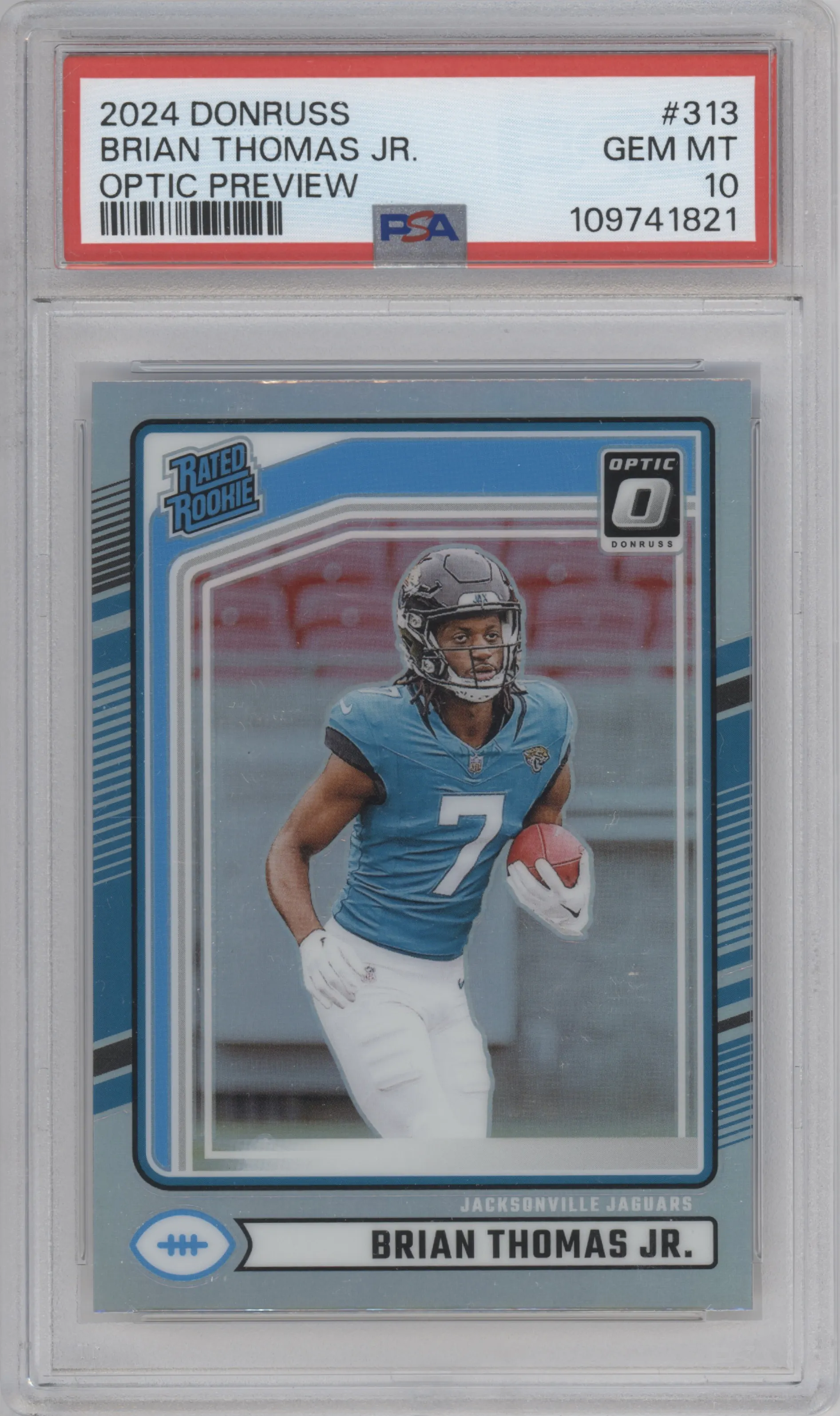 Brian Thomas Jr. from the 2024 Donruss set featuring a Holo parallel graded by PSA and given an overall grade of 10.