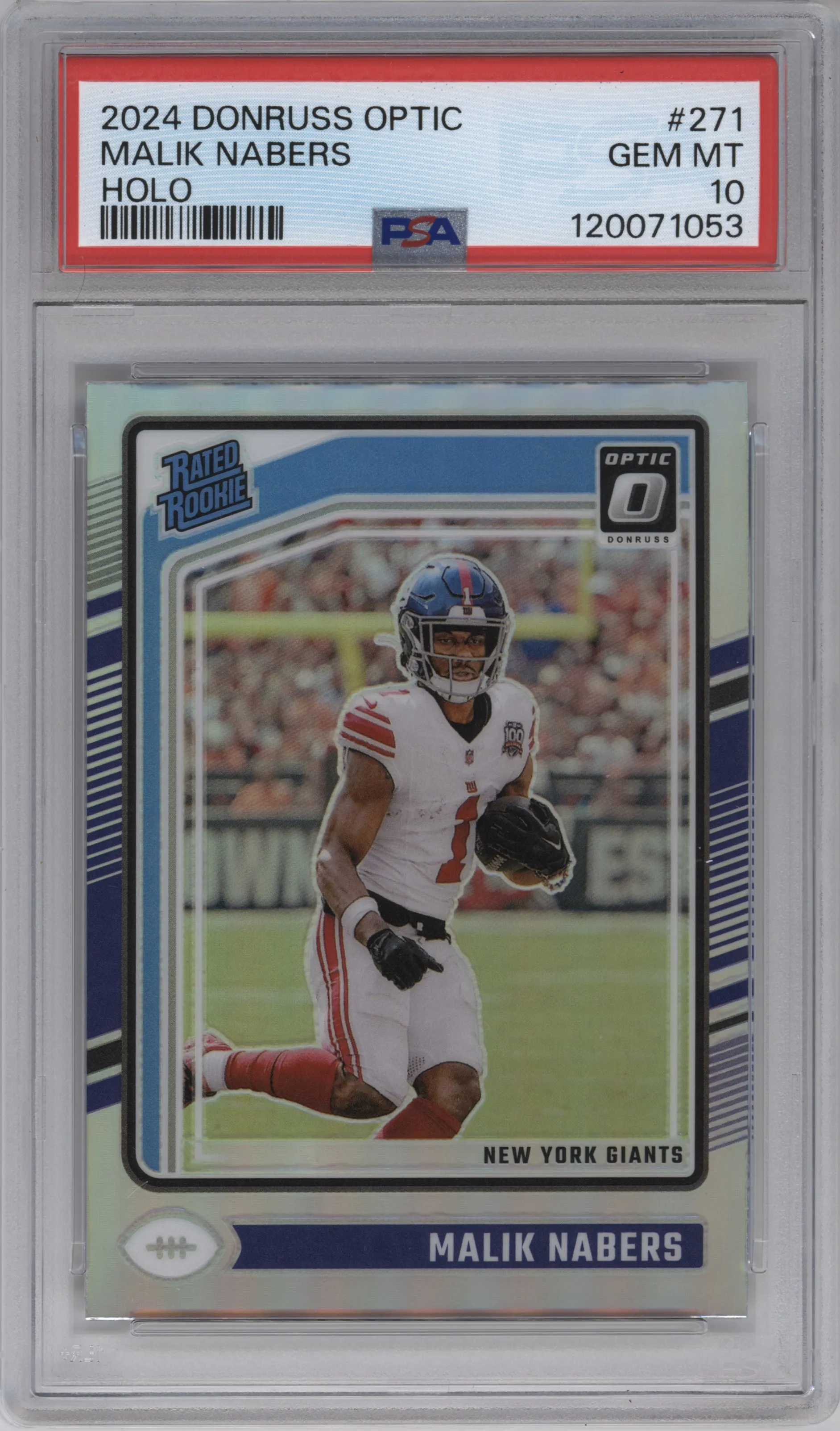 Malik Nabers from the 2024 Donruss Optic set featuring a Holo parallel graded by PSA and given an overall grade of 10.