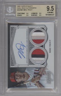 Mike Trout from the 2023 Topps Dynasty set graded by Beckett and given an overall grade of 9.5.