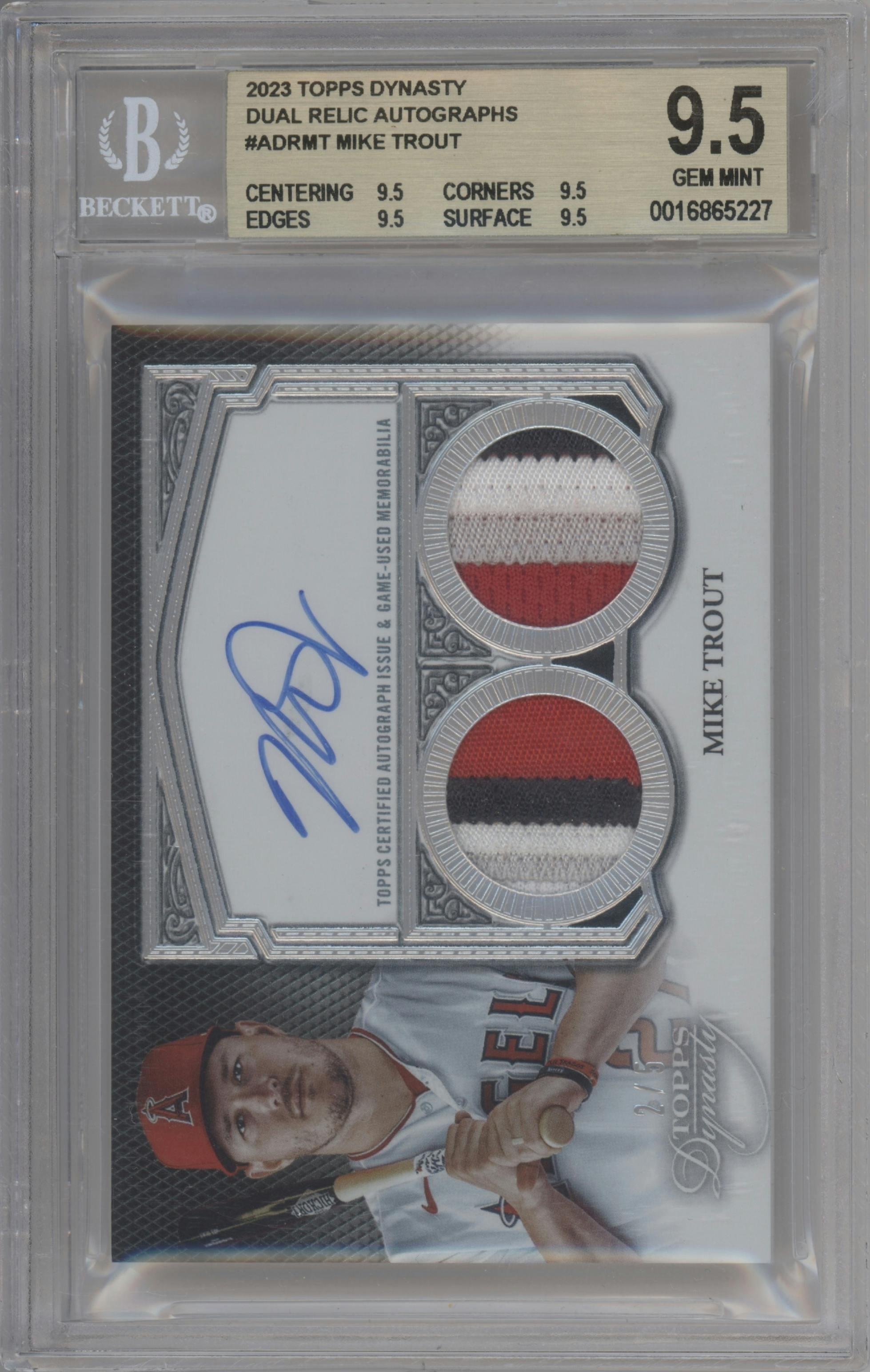 Mike Trout from the 2023 Topps Dynasty set graded by Beckett and given an overall grade of 9.5.