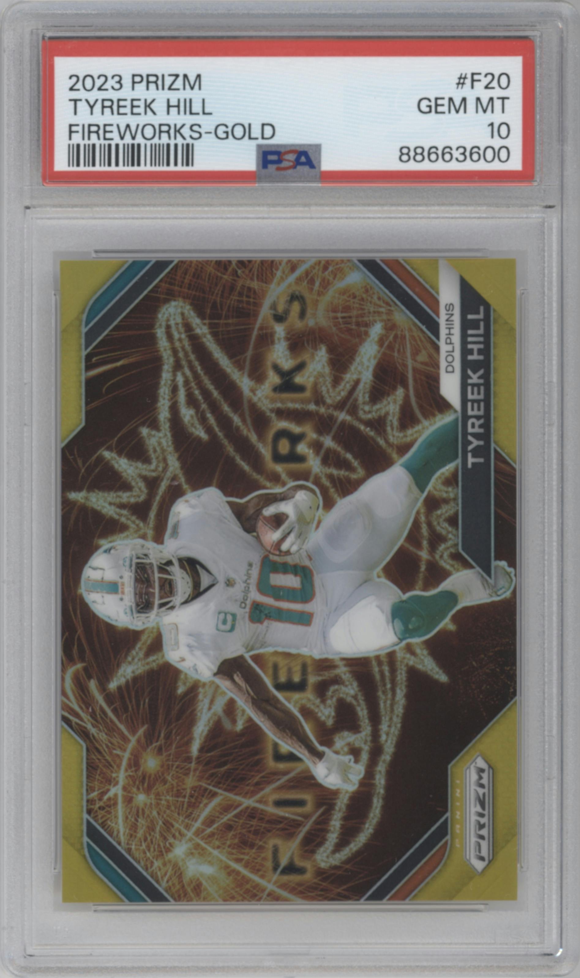 Tyreek Hill from the 2023 Panini Prizm set featuring a Gold parallel graded by PSA and given an overall grade of 10.