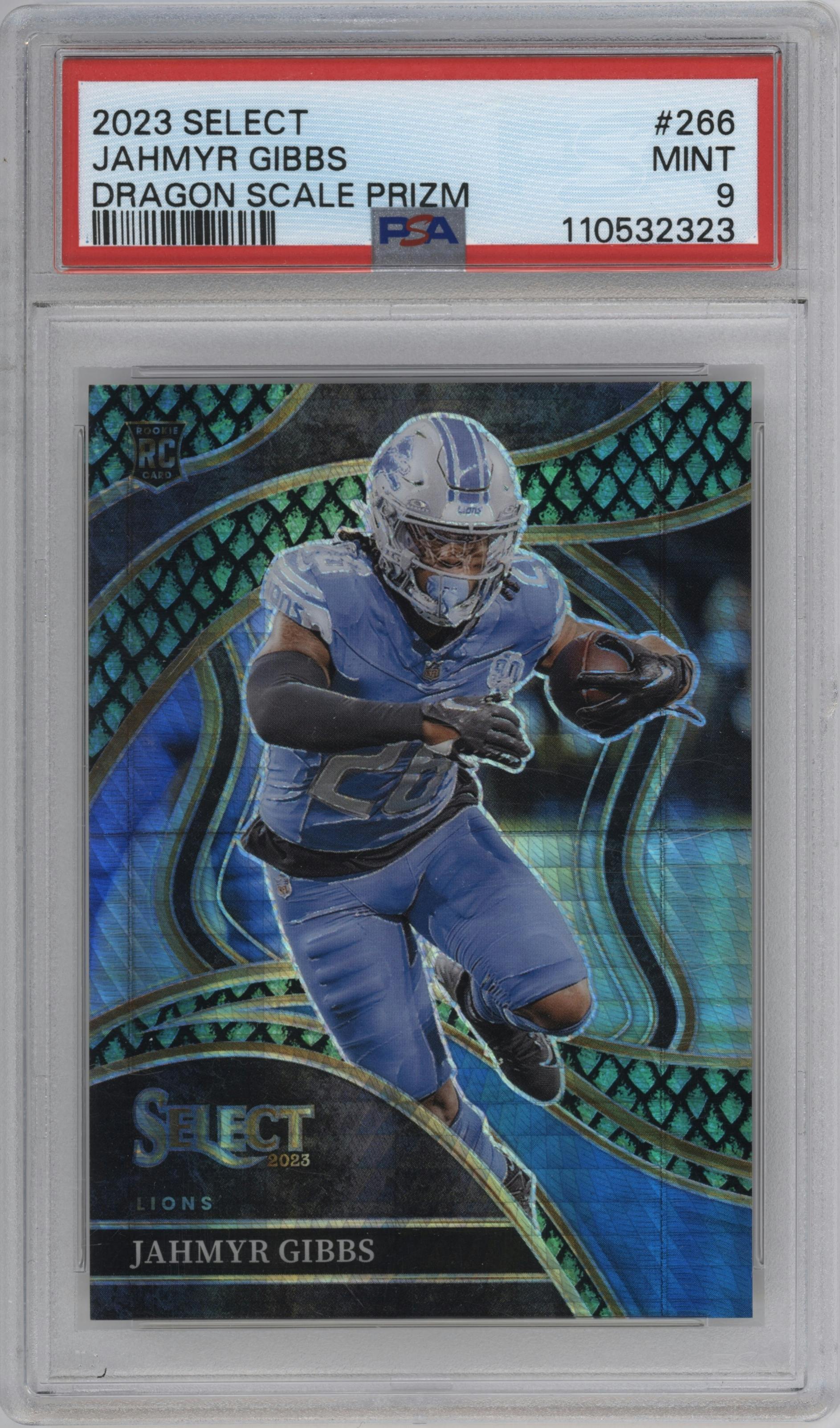 Jahmyr Gibbs from the 2023 Panini Select set featuring a Dragon Scale parallel graded by PSA and given an overall grade of 9.