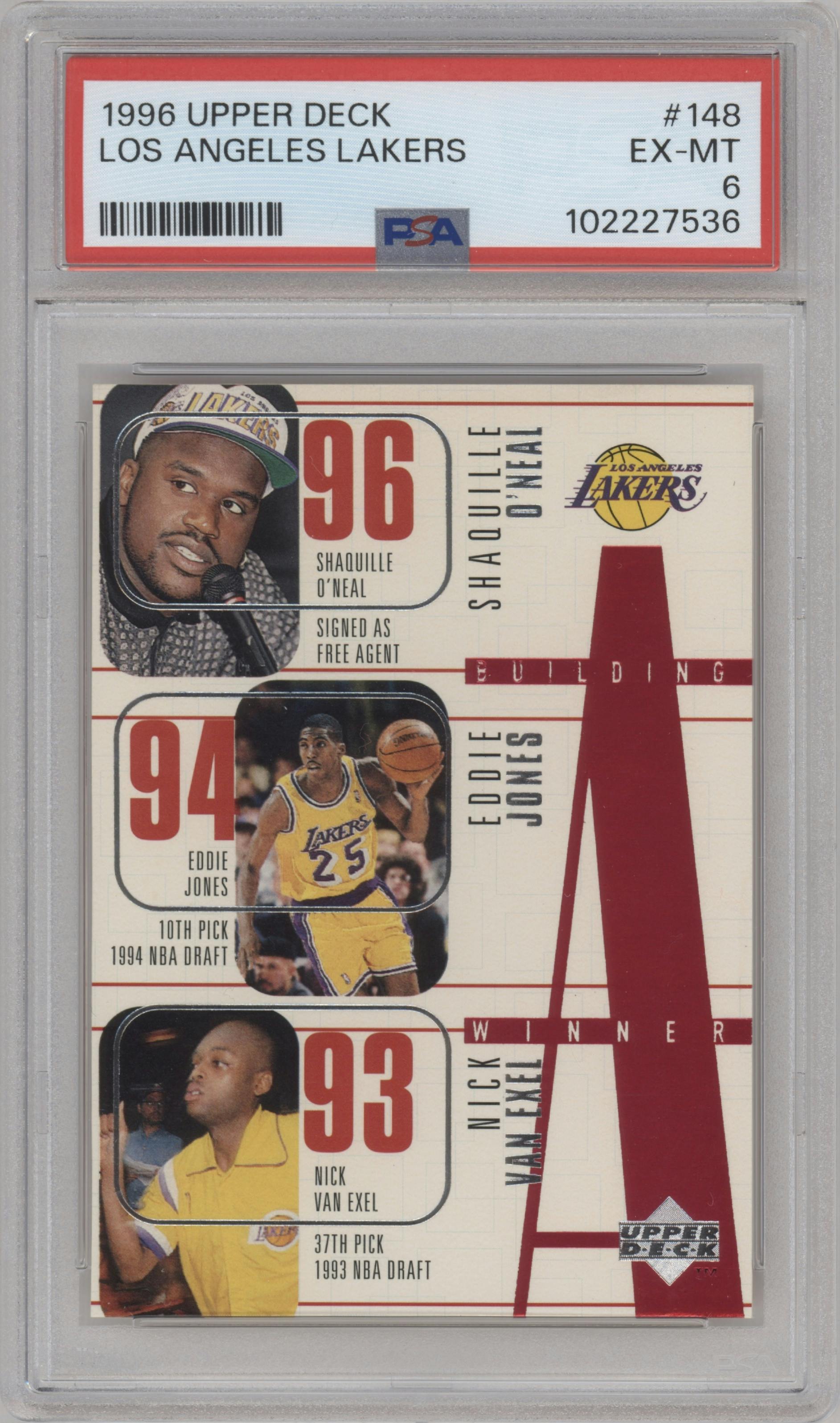 Shaquille O'Neal/Eddie Jones/Nick Van Exel/Cedric Ceballos/Kobe Bryant from the 1996-97 Upper Deck set graded by PSA and given an overall grade of 6.