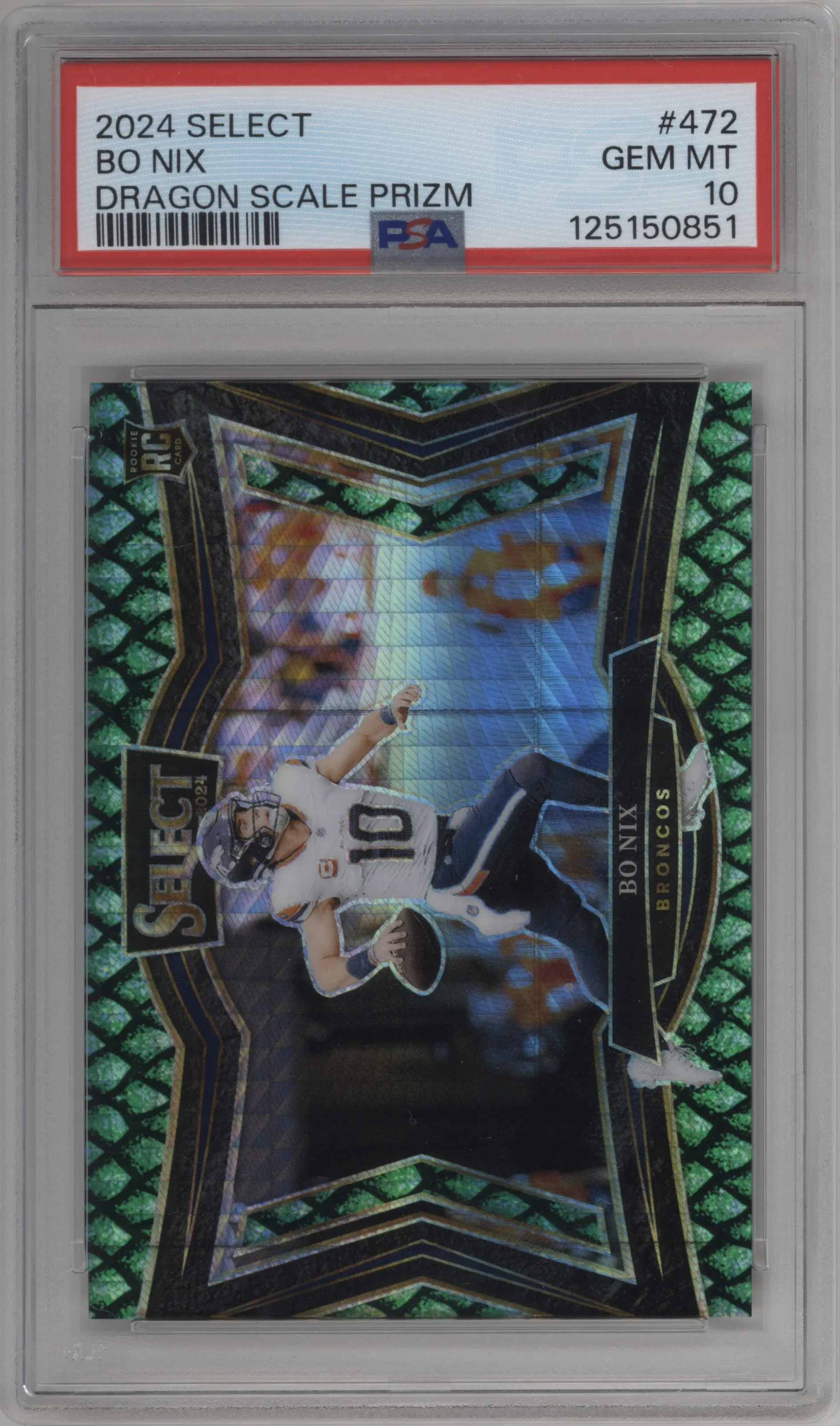 Bo Nix from the 2024 Panini Select set featuring a Dragon Scale Prizm parallel graded by PSA and given an overall grade of 10.
