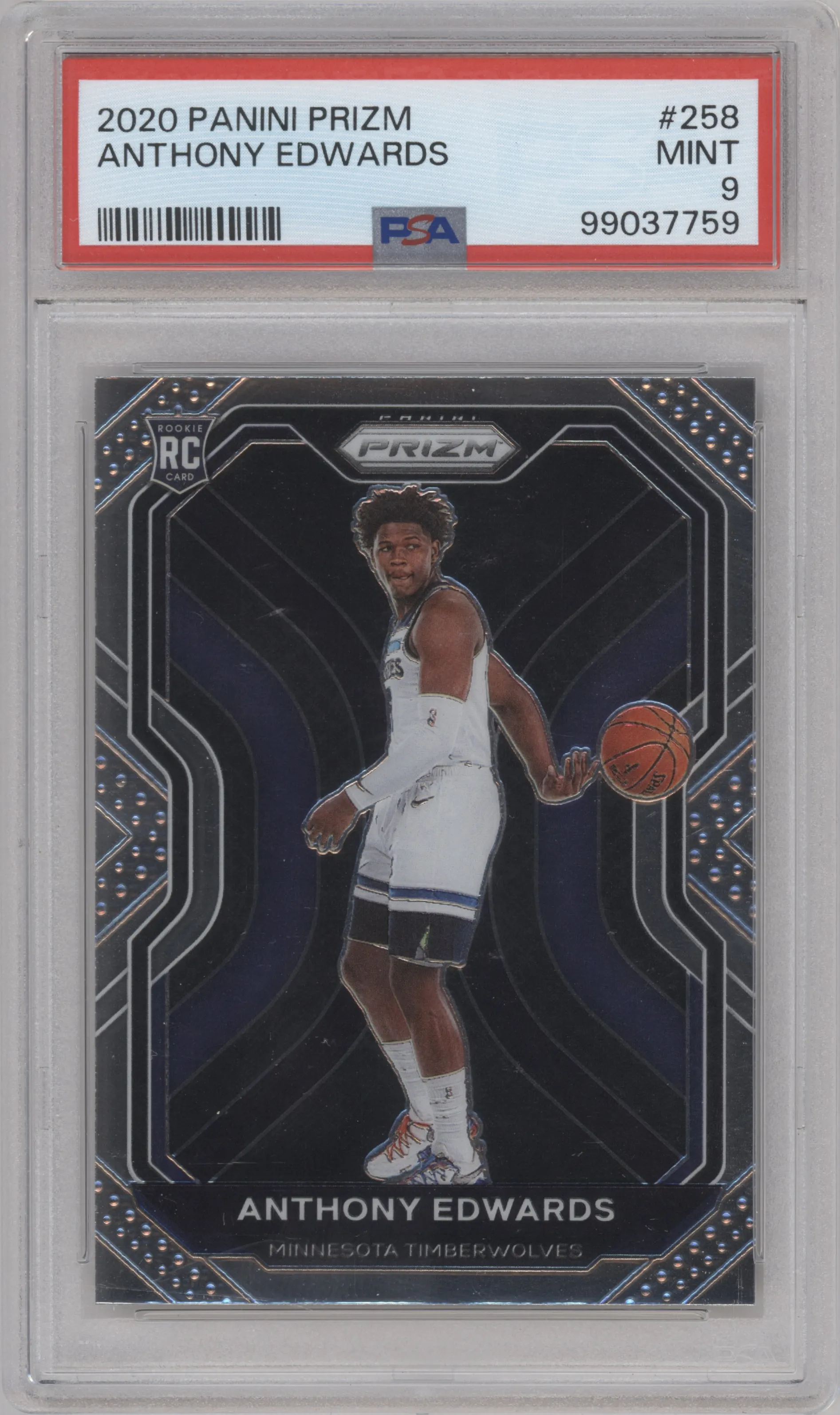 Anthony Edwards from the 2020-21 Panini Prizm set graded by PSA and given an overall grade of 9.