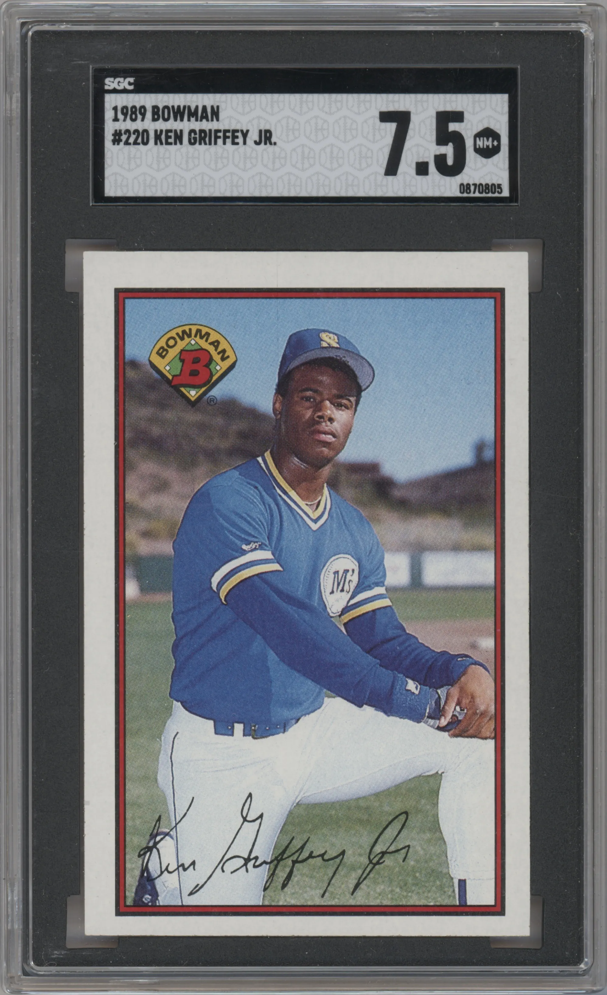 Ken Griffey, Jr. from the 1989 Bowman set graded by SGC and given an overall grade of 7.5.
