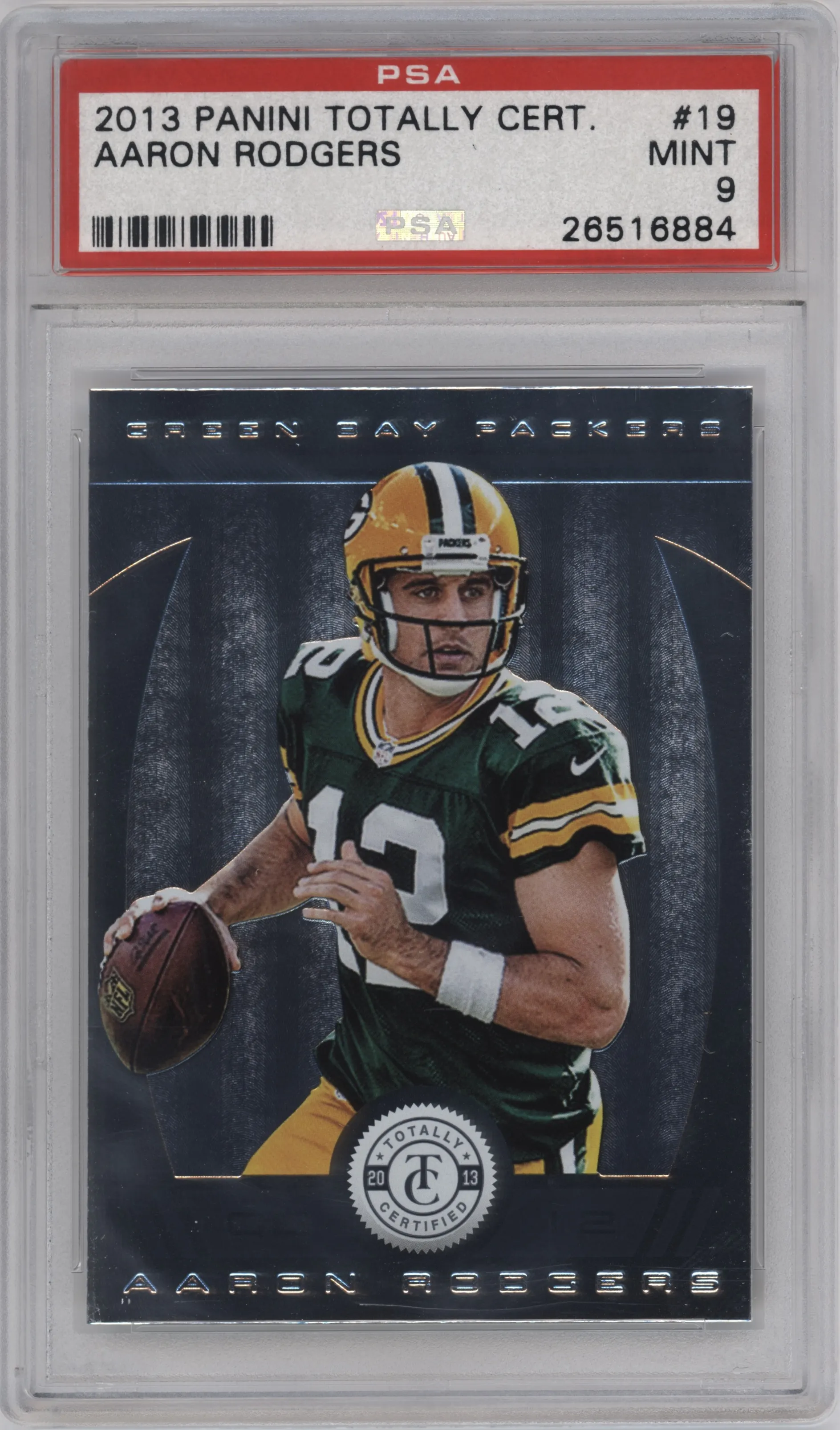 Aaron Rodgers from the 2013 Panini Totally Certified set graded by PSA and given an overall grade of 9.