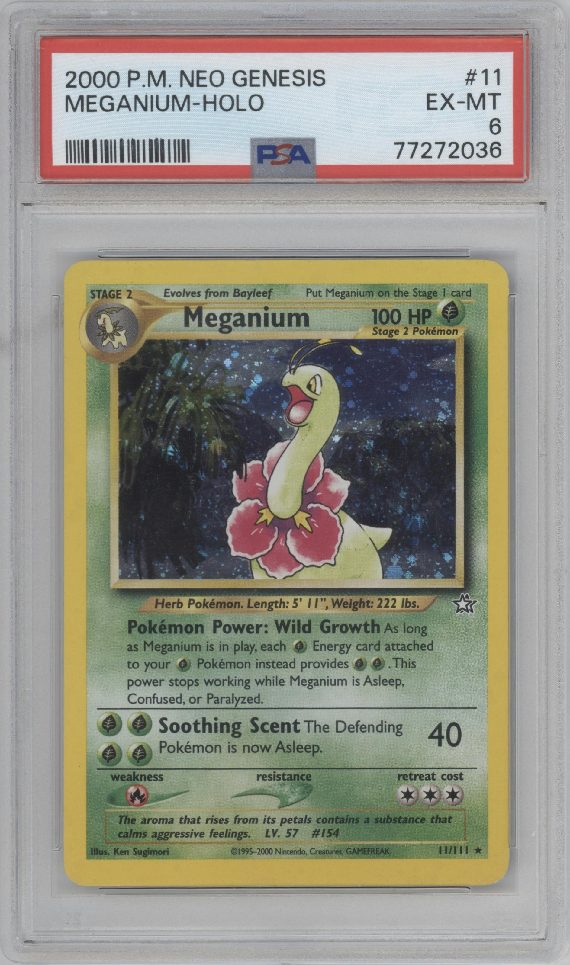 Meganium from the 2000 Pokemon Neo Genesis set graded by PSA and given an overall grade of 6.