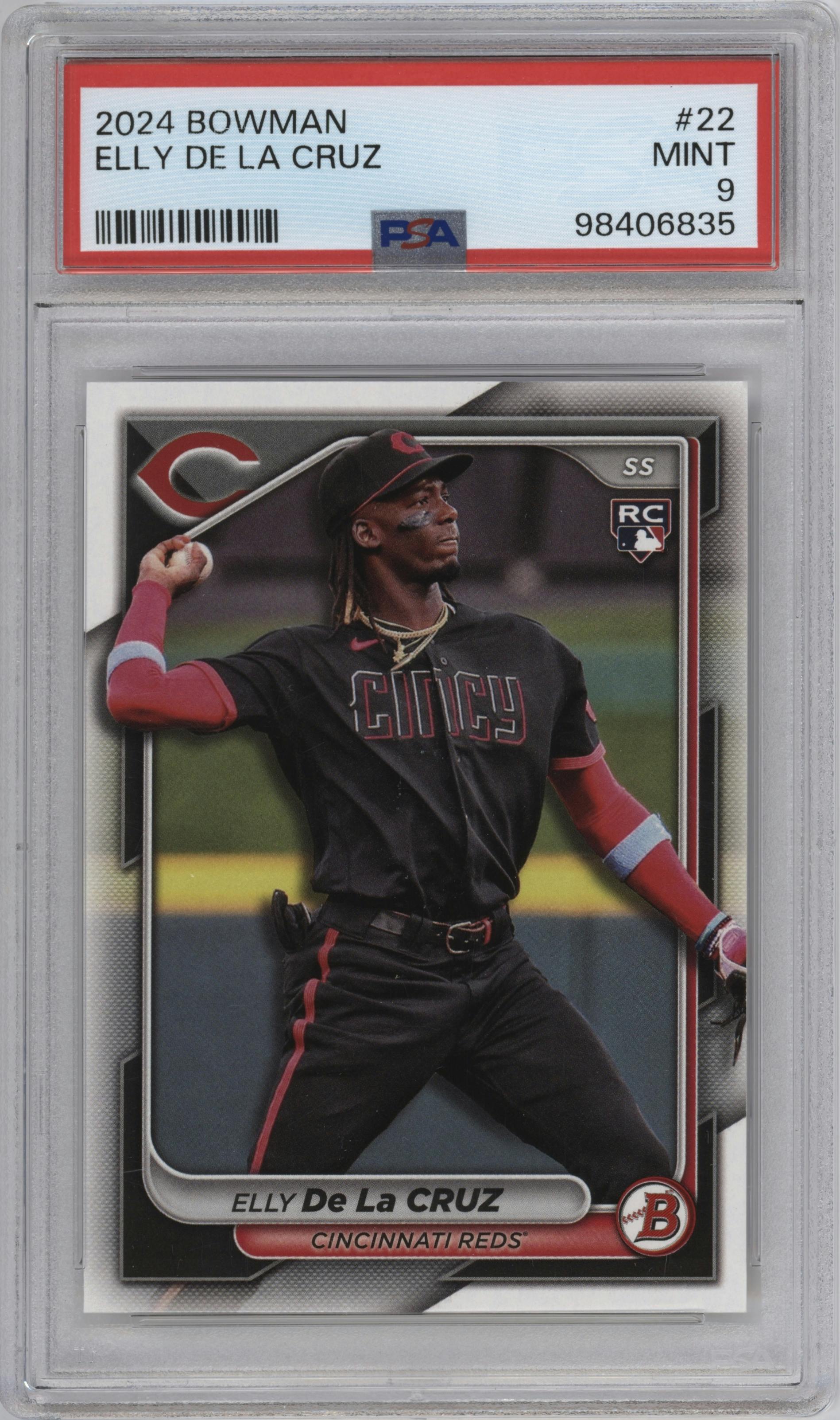 Elly De La Cruz from the 2024 Bowman set graded by PSA and given an overall grade of 9.