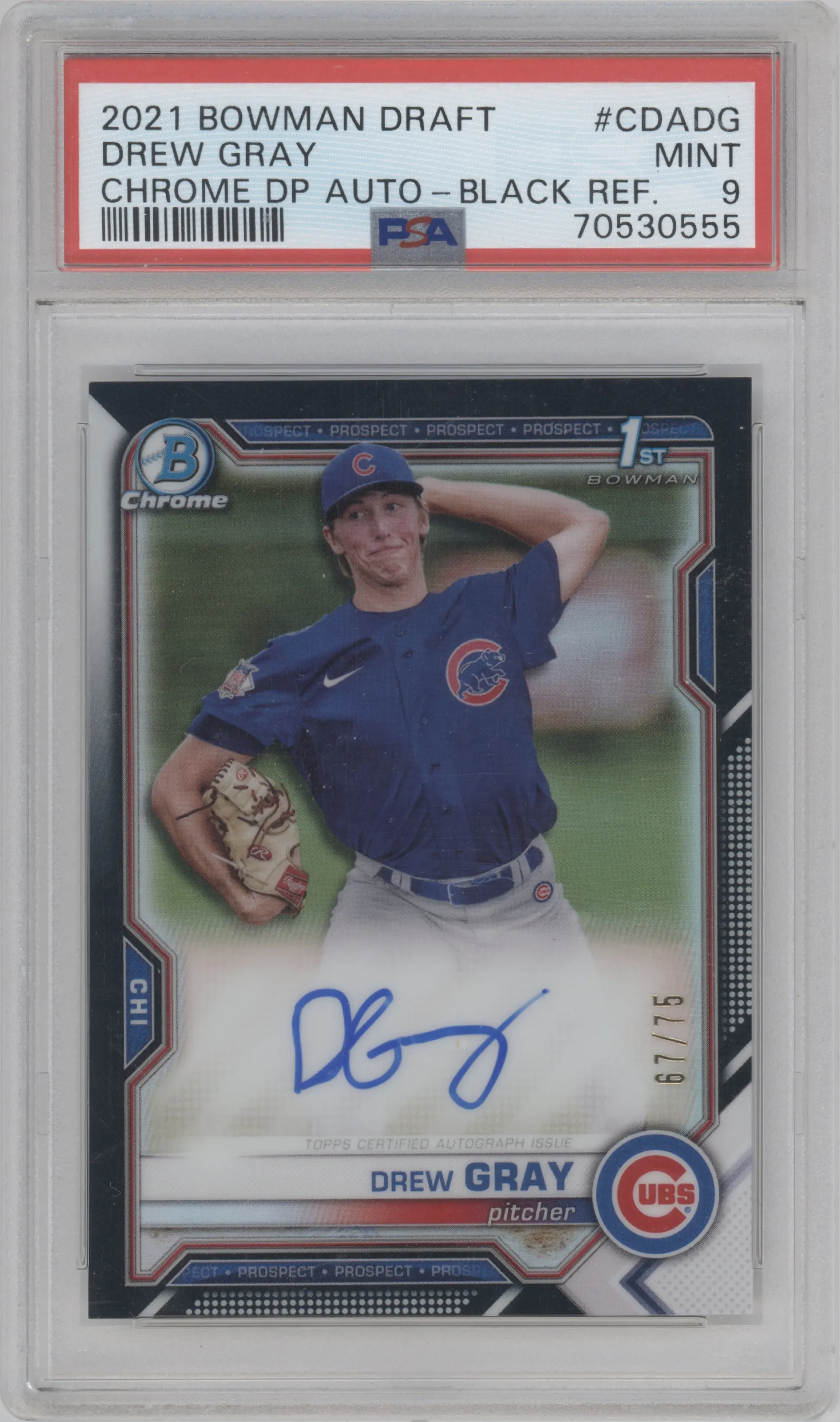 Drew Gray from the 2021 Bowman Draft set featuring a Black Refractor parallel graded by PSA and given an overall grade of 9.