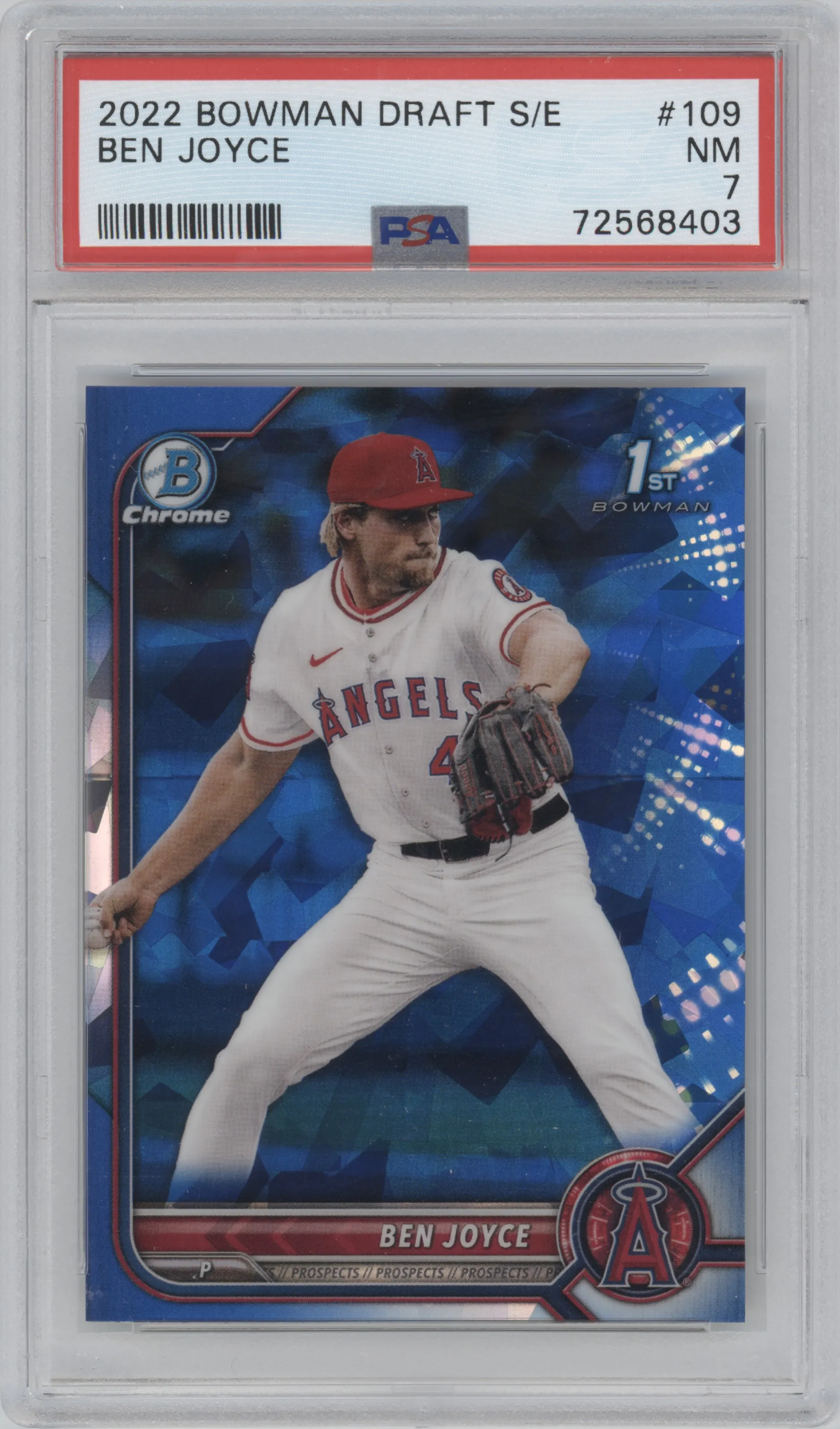 Ben Joyce from the 2022 Bowman Draft Sapphire Edition set graded by PSA and given an overall grade of 7.