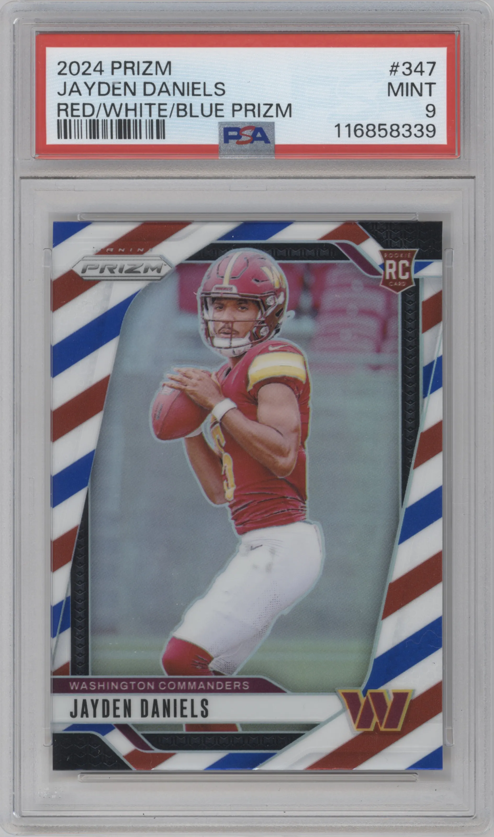 Jayden Daniels from the 2024 Panini Prizm set featuring a Red/White/Blue Prizm parallel graded by PSA and given an overall grade of 9.
