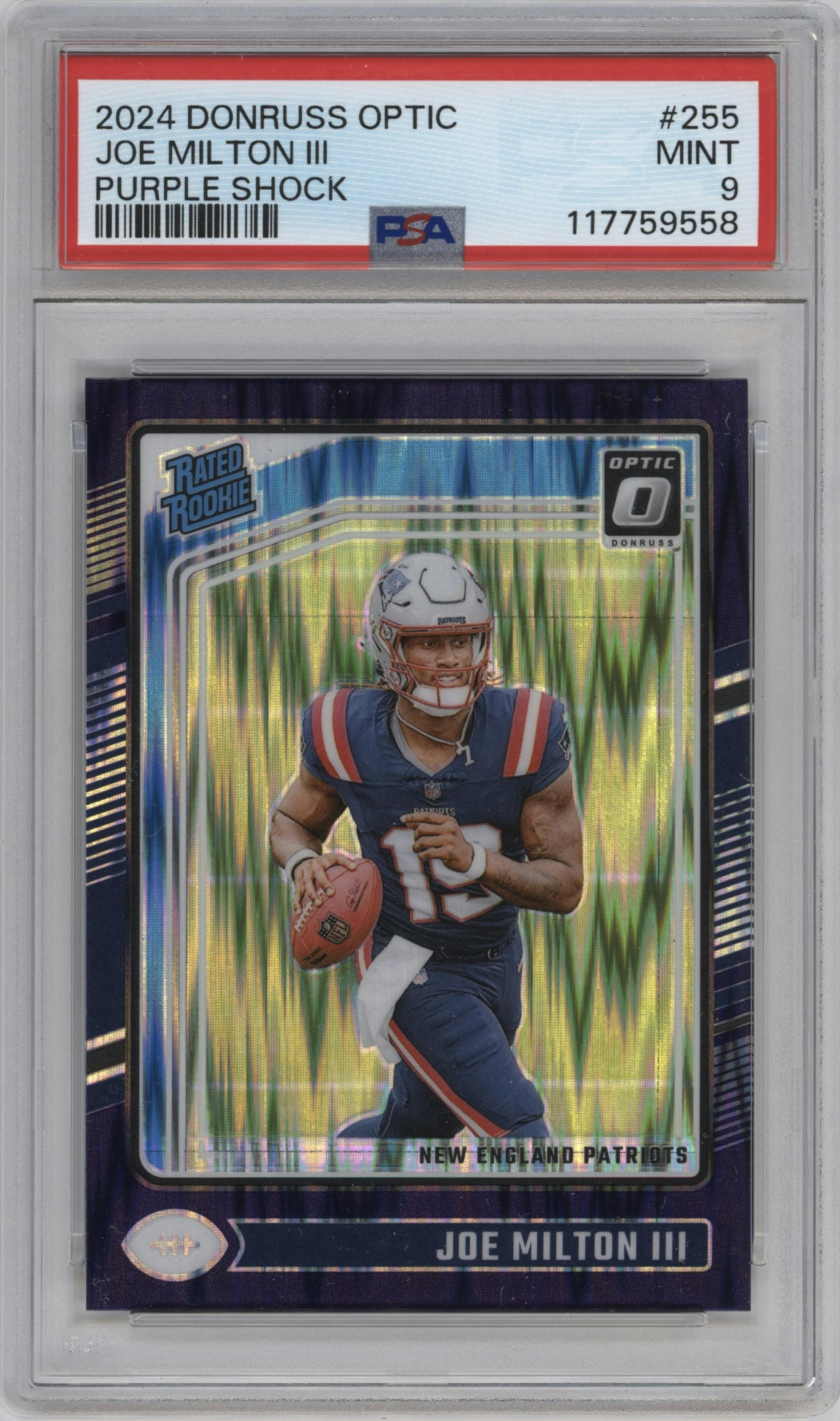 Joe Milton III from the 2024 Donruss Optic set featuring a Purple Shock parallel graded by PSA and given an overall grade of 9.