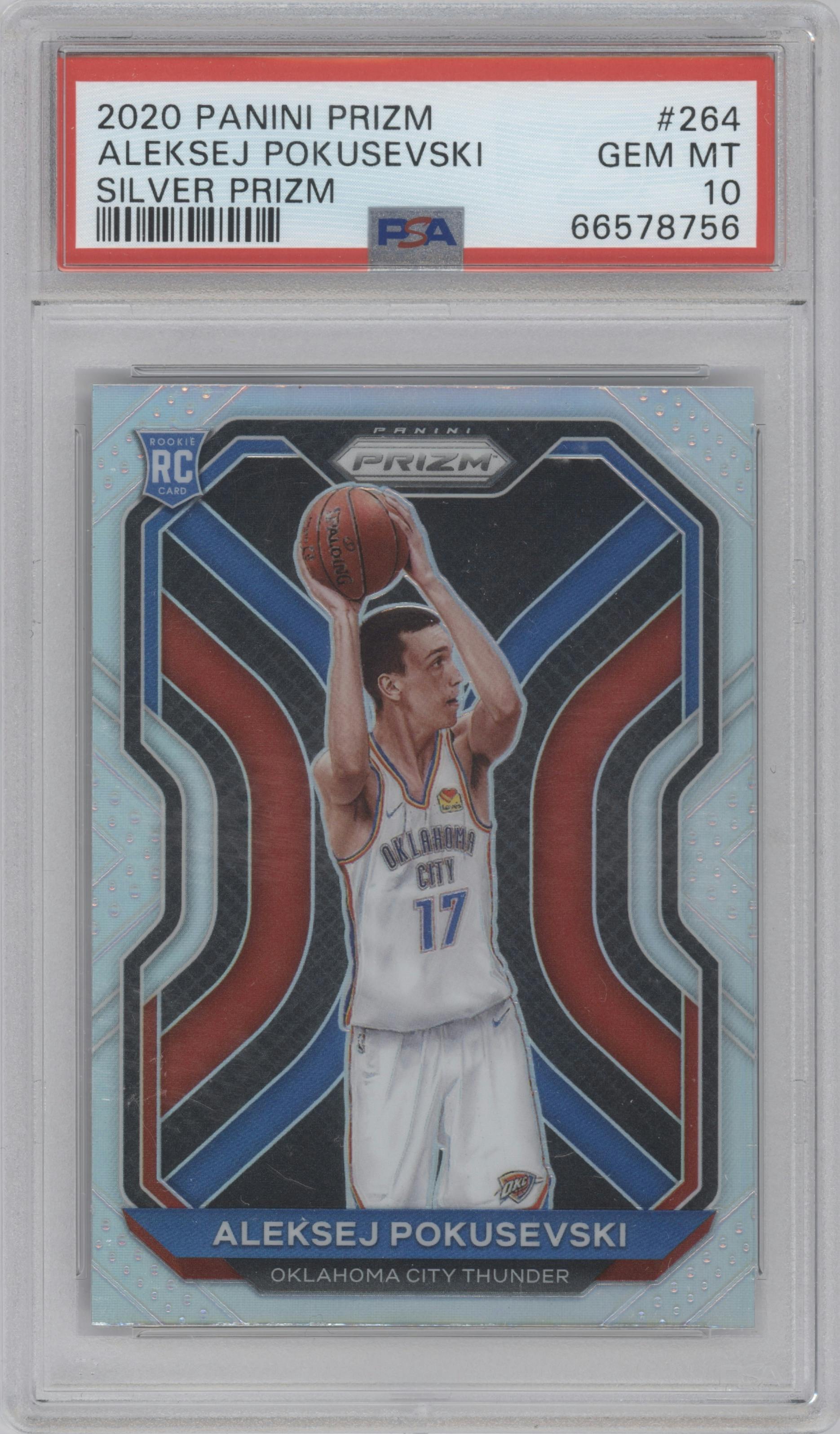 Aleksej Pokusevski from the 2020-21 Panini Prizm set featuring a Silver Prizm parallel graded by PSA and given an overall grade of 10.