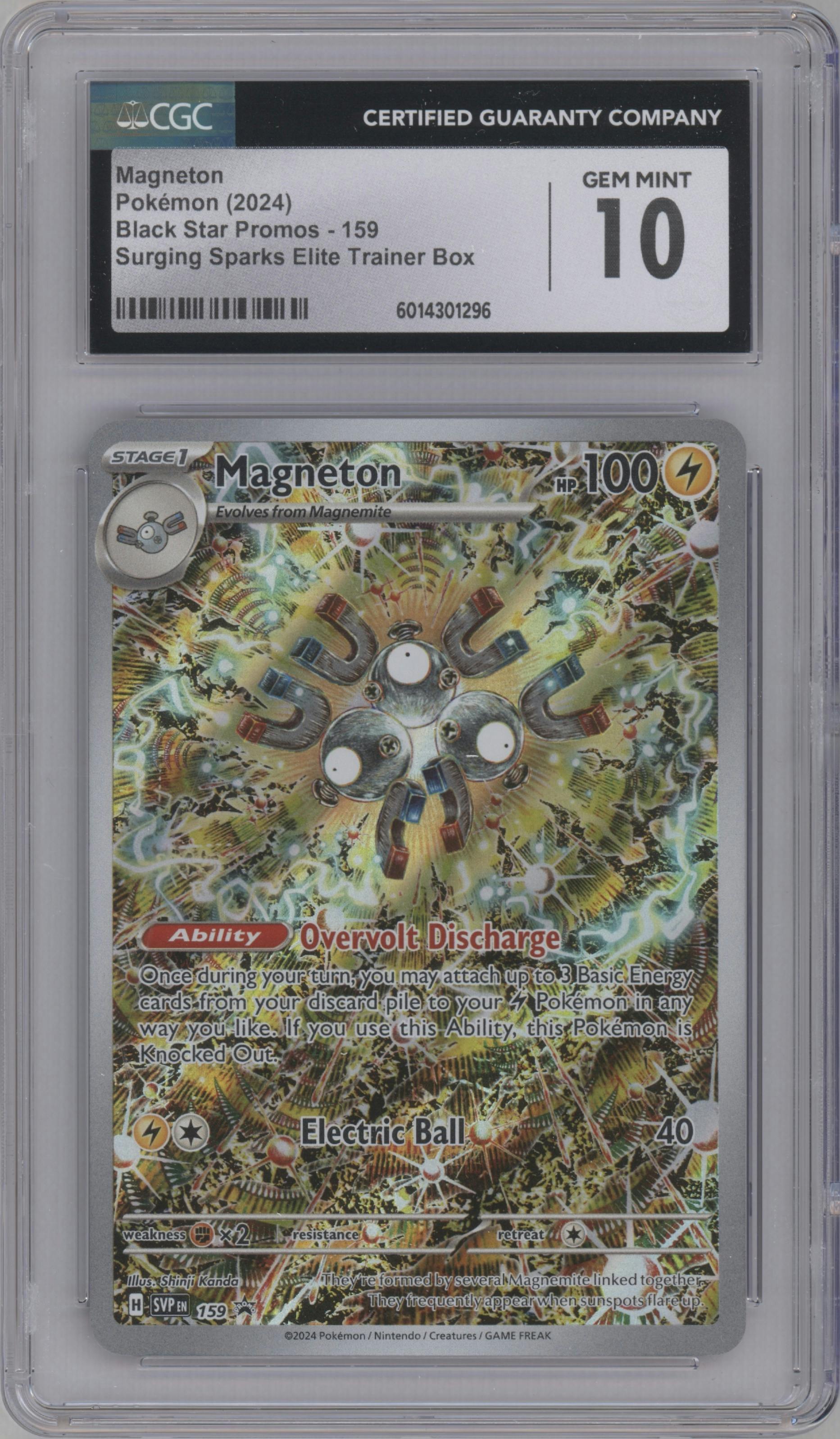 Magneton from the 2024 Pokemon SV set featuring a Surging Sparks Pokemon Center Elite Trainer boxes parallel graded by CSG and given an overall grade of 10.