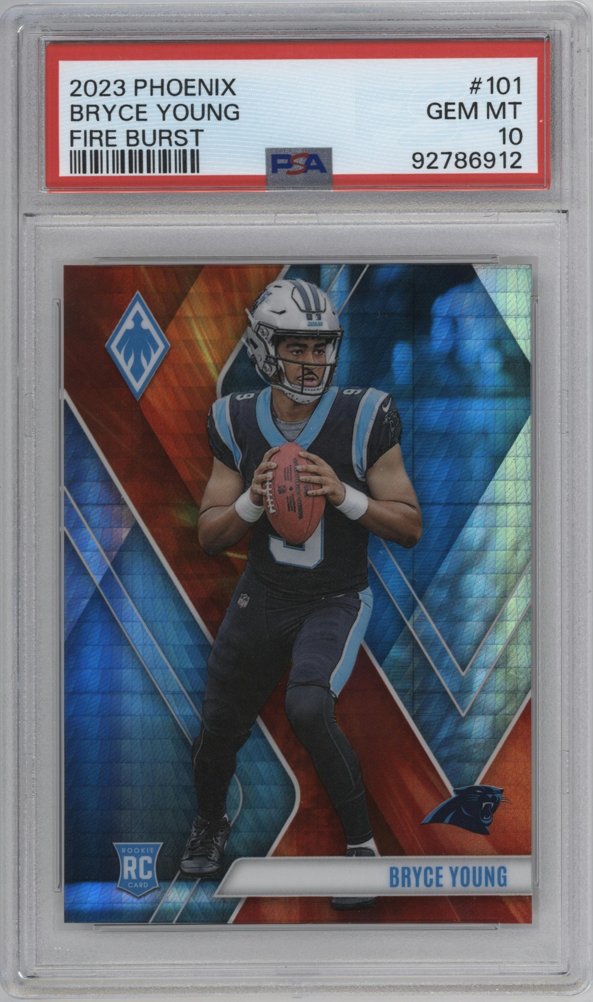 Bryce Young from the 2023 Panini Phoenix set featuring a Fire Burst parallel graded by PSA and given an overall grade of 10.